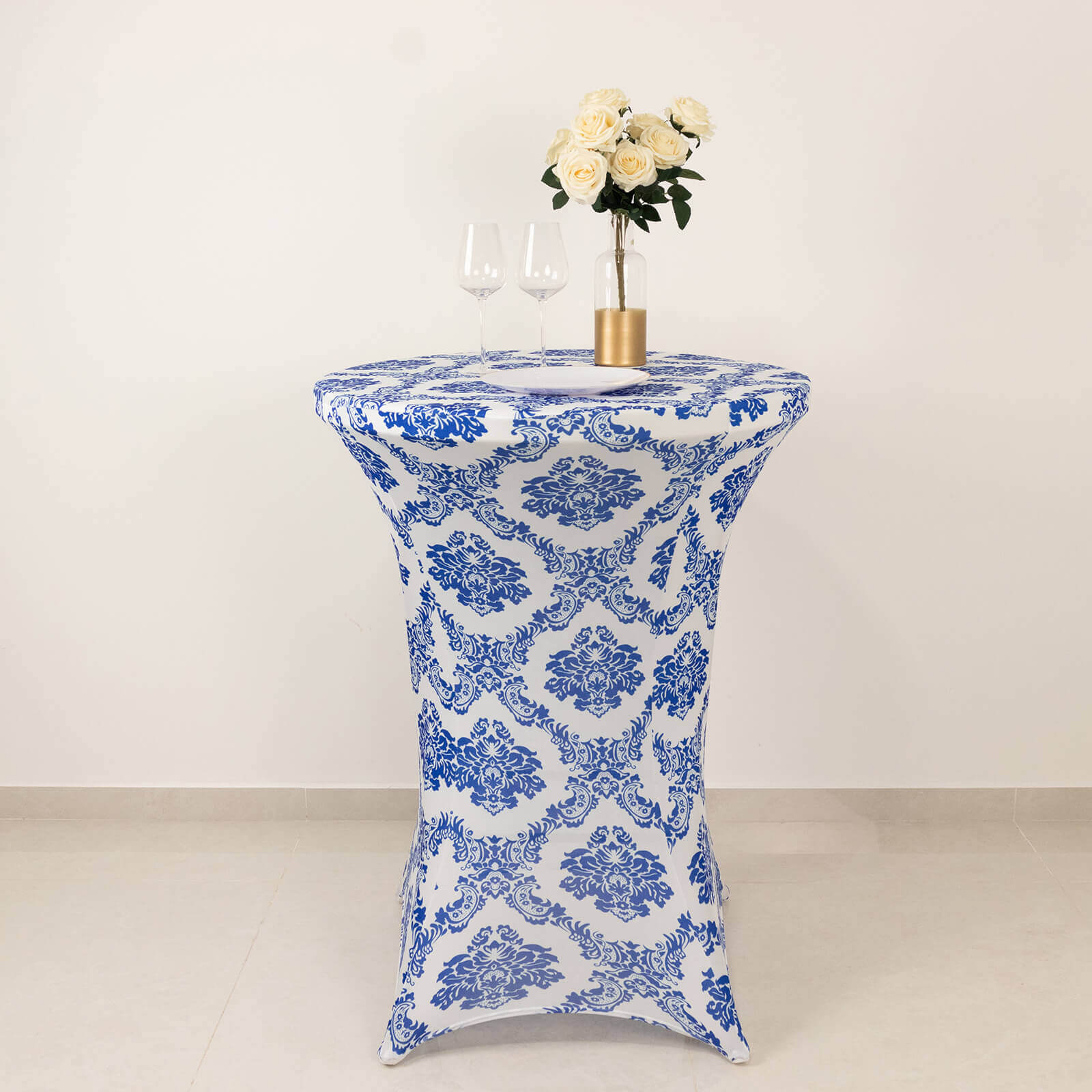 Spandex 24"-32" Round Cocktail Table Cover Royal Blue Damask Highboy Tables - Easy to Maintain Stretch Fitted Tablecloth
