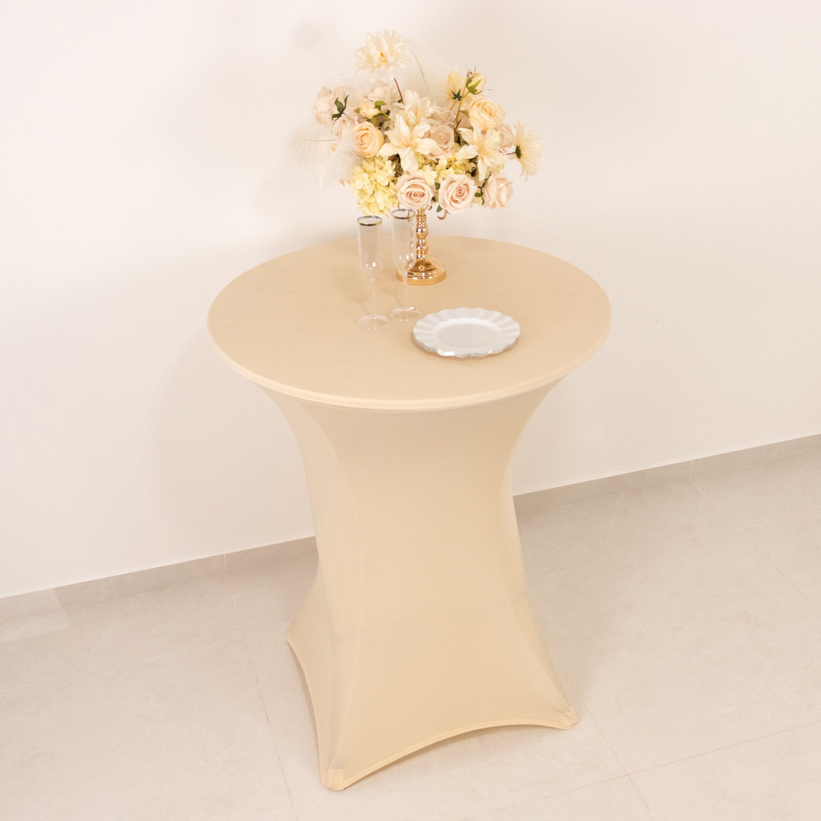Spandex 33"-36" Round Cocktail Table Cover Beige - Easy to Maintain Stretch Fitted Highboy Tablecloth