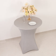 Spandex 33"-36" Round Cocktail Table Cover Silver - Easy to Maintain Stretch Fitted Highboy Tablecloth