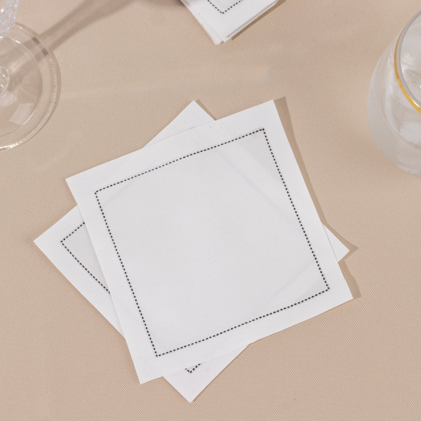 50-Pack Cotton Cocktail Napkins with Black Hemstitched Border White - Disposable 4.5"x4.5" Napkins for Events
