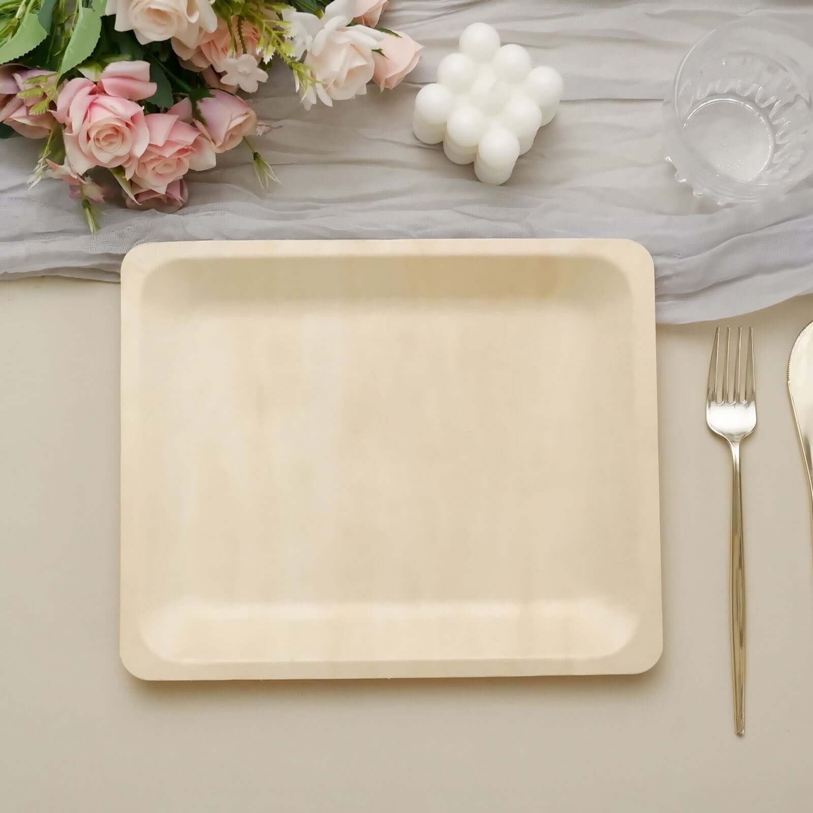 12-Pack Birchwood 8"x10" Rectangle Dinner Plates - Natural Eco Friendly Wooden Disposable Plates for Farmhouse-Style Events, Parties & Gatherings