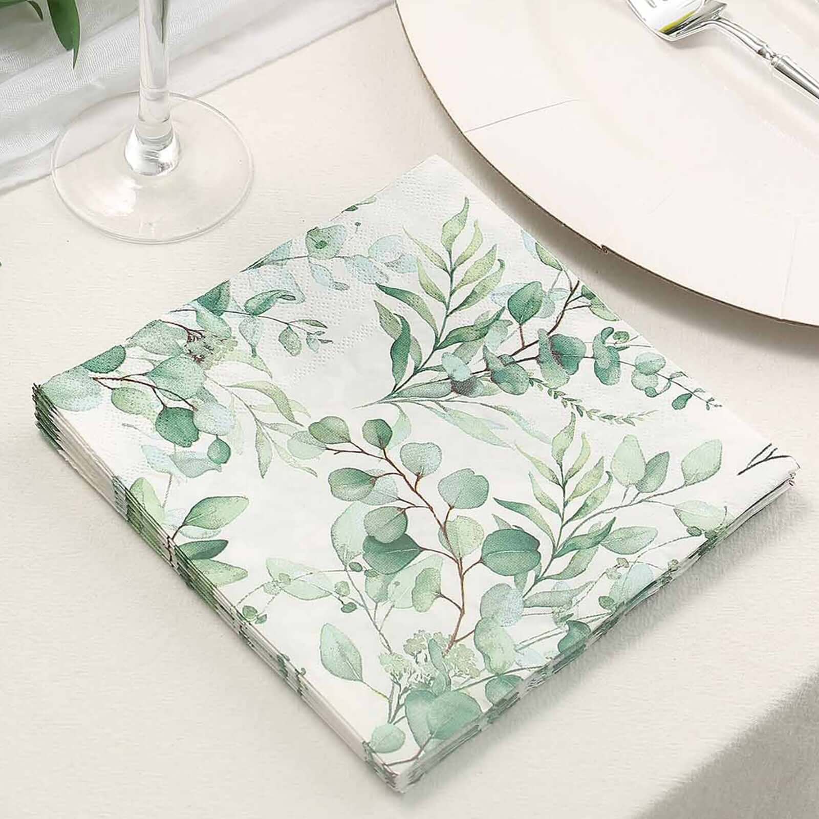 50-Pack Paper Beverage Napkins with Green Foliage Eucalyptus Leaves Design - 2 Ply Soft 18GSM Boho Wedding Napkins 6.5"x6.5"