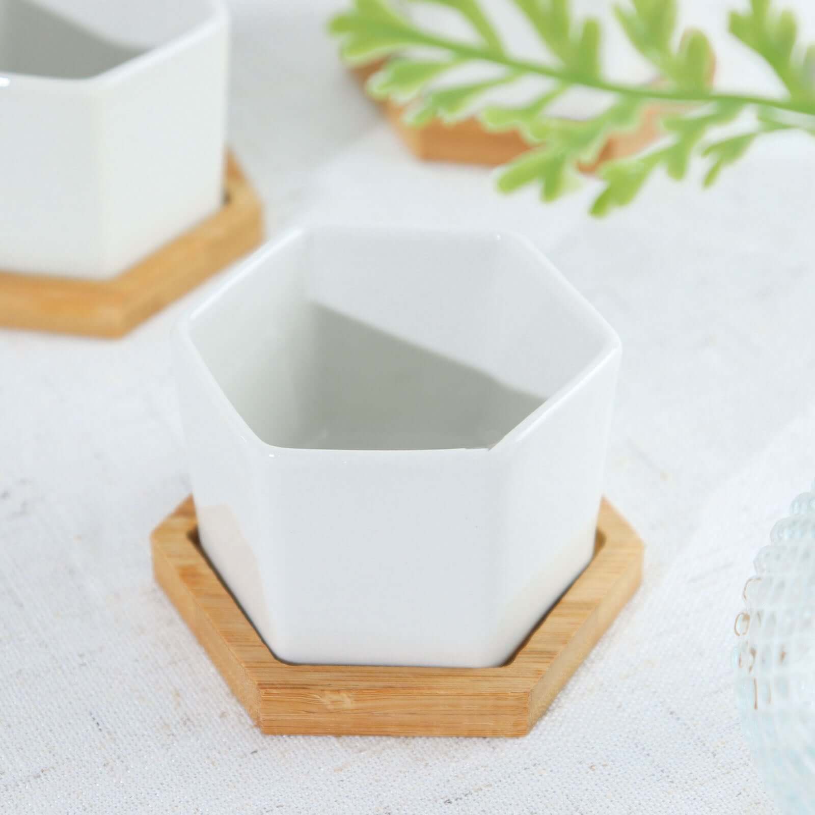 6-Pack Planter Pots Geometric Hexagon Design White - Ceramic Pots with Bamboo Tray and Removable Bottom 3"