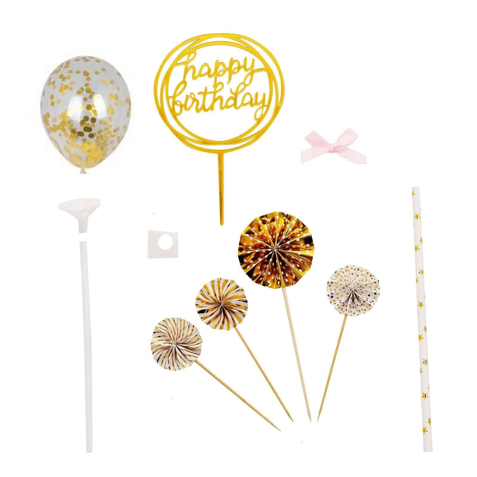 6 Pcs Happy Birthday Cake Topper Gold/White - Fun Cake Decoration with 4 Mini Paper Fans & Confetti Balloon for Themed Parties & Special Occasions