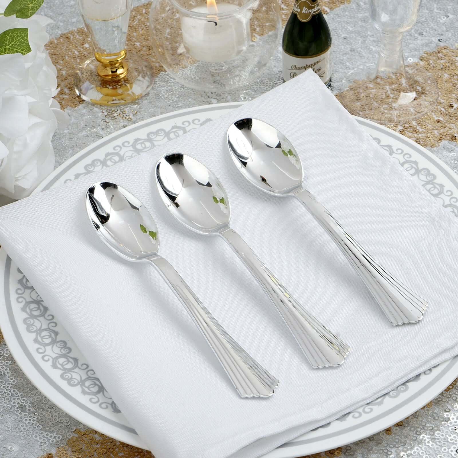 25-Pack Plastic Spoons Light Silver Heavy Duty with Fluted Handles - Reliable Disposable Cutlery 7"