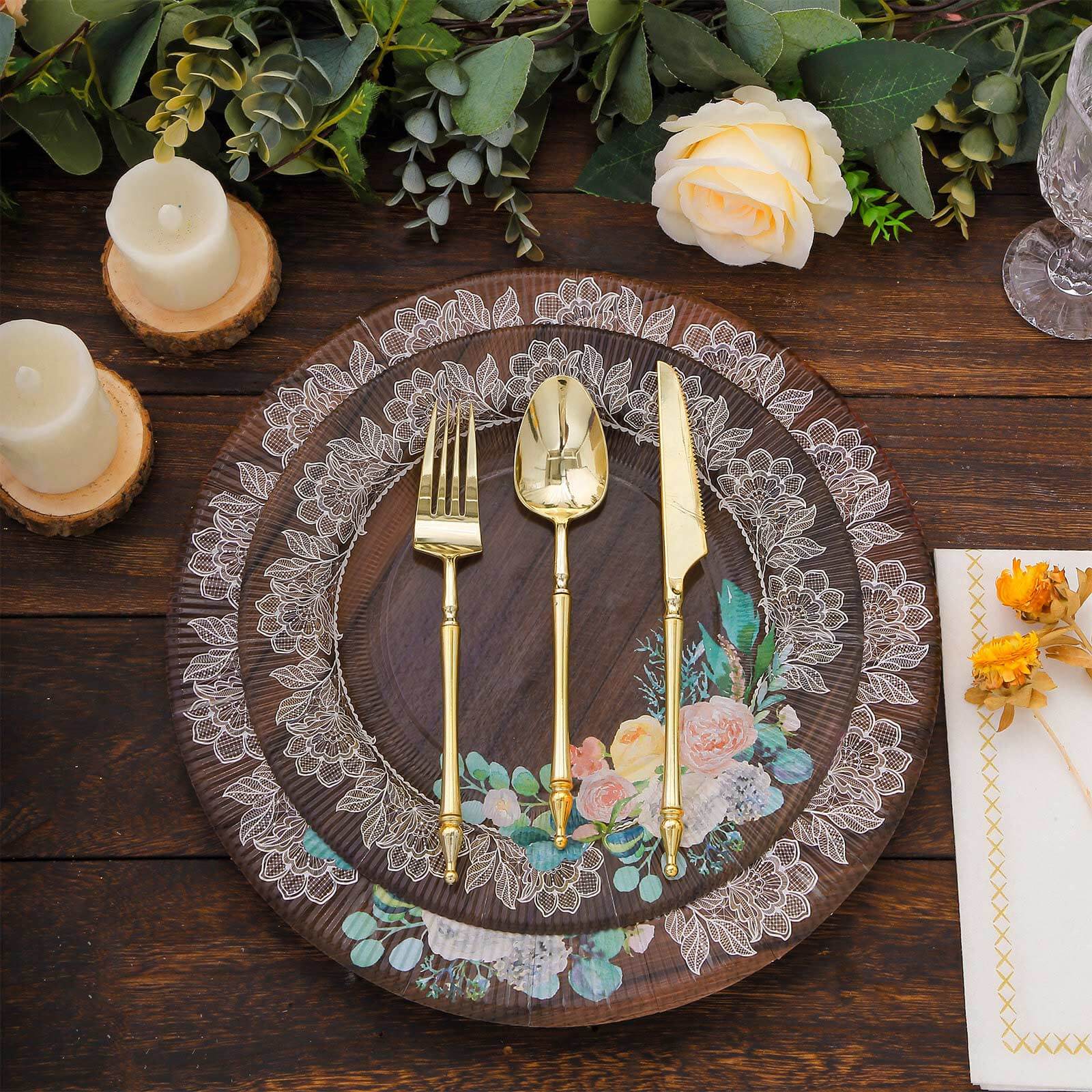 25-Pack Paper 10" Round Dinner Plates in Brown Wood Print with Floral Lace Rim - Disposable Party Plates for Farmhouse Weddings & Rustic Themes