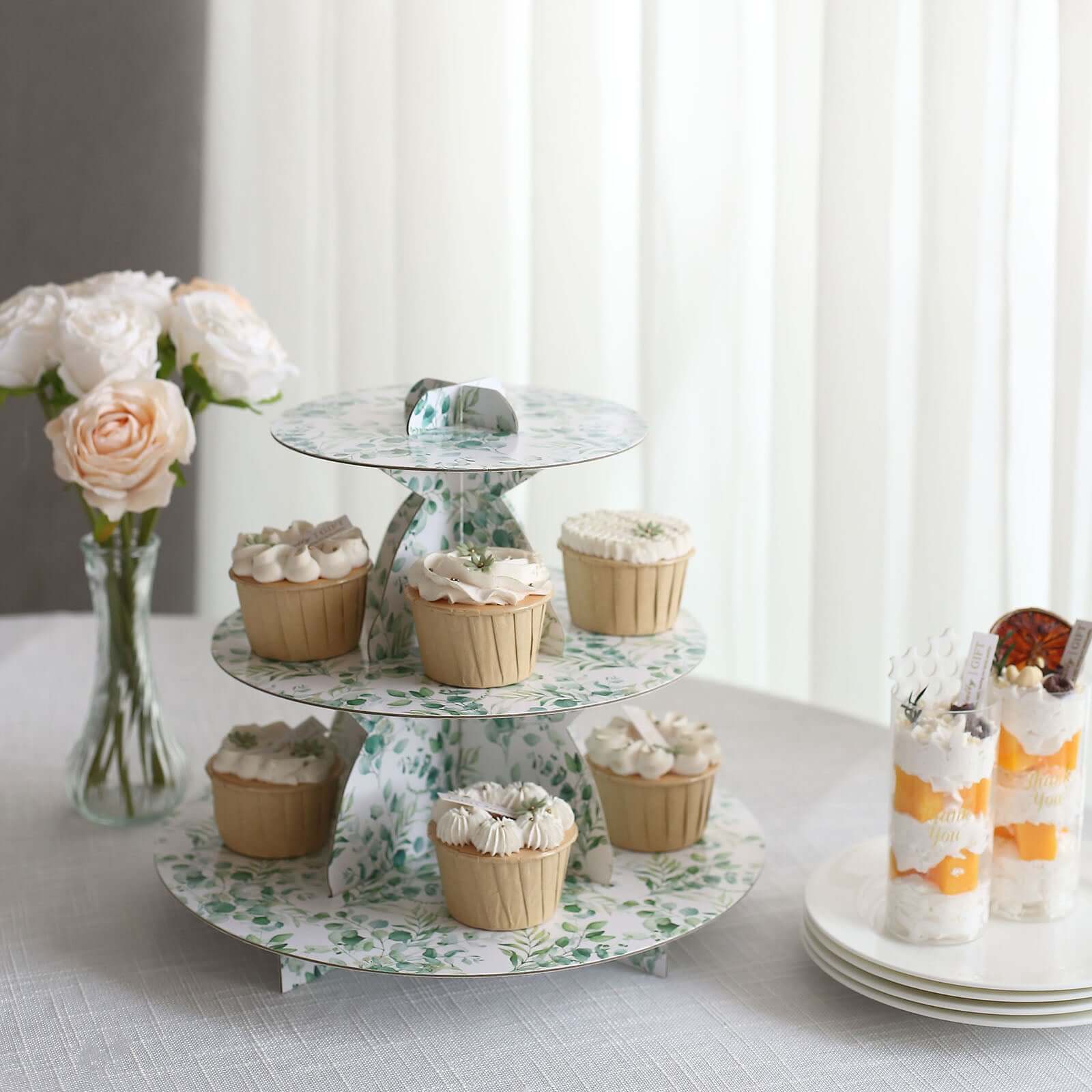 3-Tier Cardboard Cupcake Stand White with Green Eucalyptus Leaves Pattern - Reusable Dessert Display Stand Round Serving Platter for High-Tea Gatherings Weddings & Spring Celebrations 11"