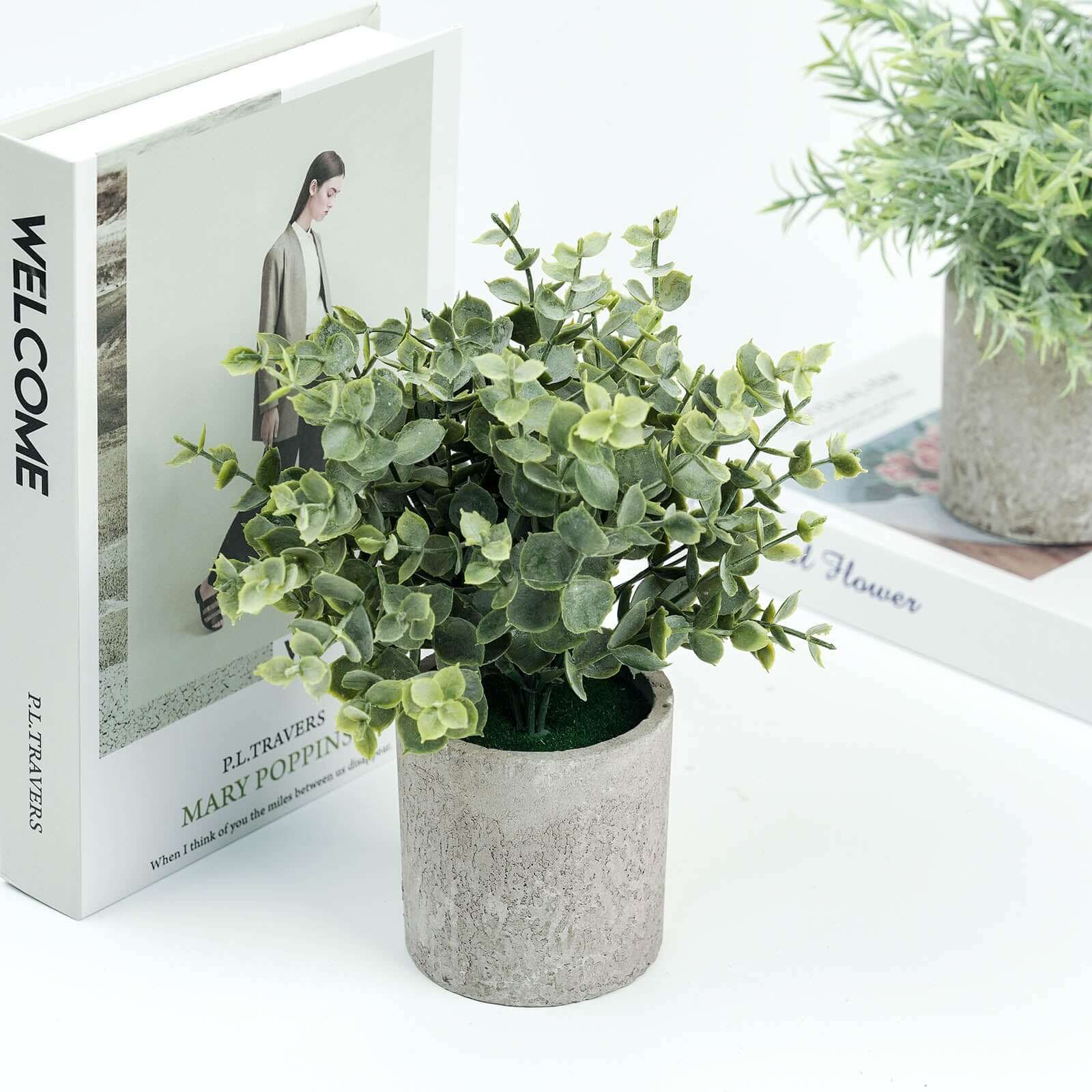 3 Plant Set Mini Potted Artificial Eucalyptus, Rosemary and Boxwood Faux Planter Collection - Small Decorative Faux Herb Garden for Desk Countertops Table Shelf Display 9"