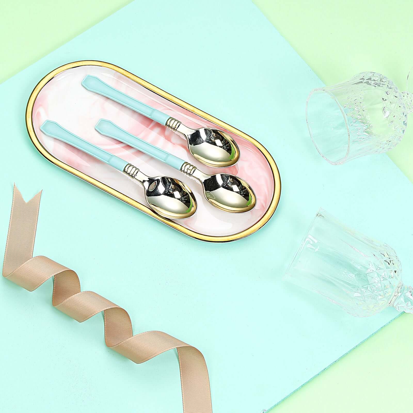 24-Pack Plastic Spoons with Light Blue Handle Gold - Heavy Duty Disposable Silverware 7"