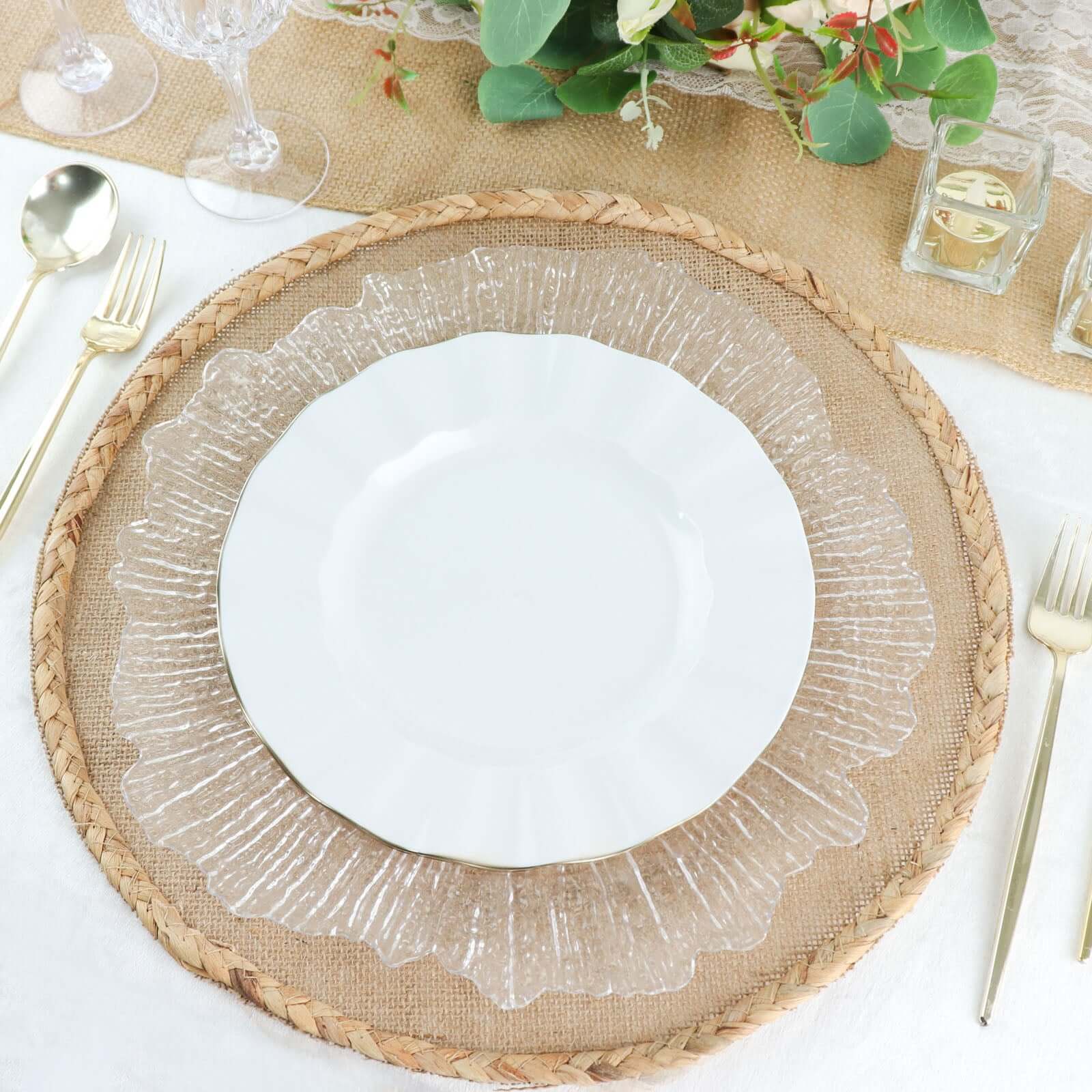 10-Pack Plastic 9" Round Dinner Plates in White Ruffled Rim with Gold Edging - Sturdy Disposable Dinnerware for Classy Events & Banquets