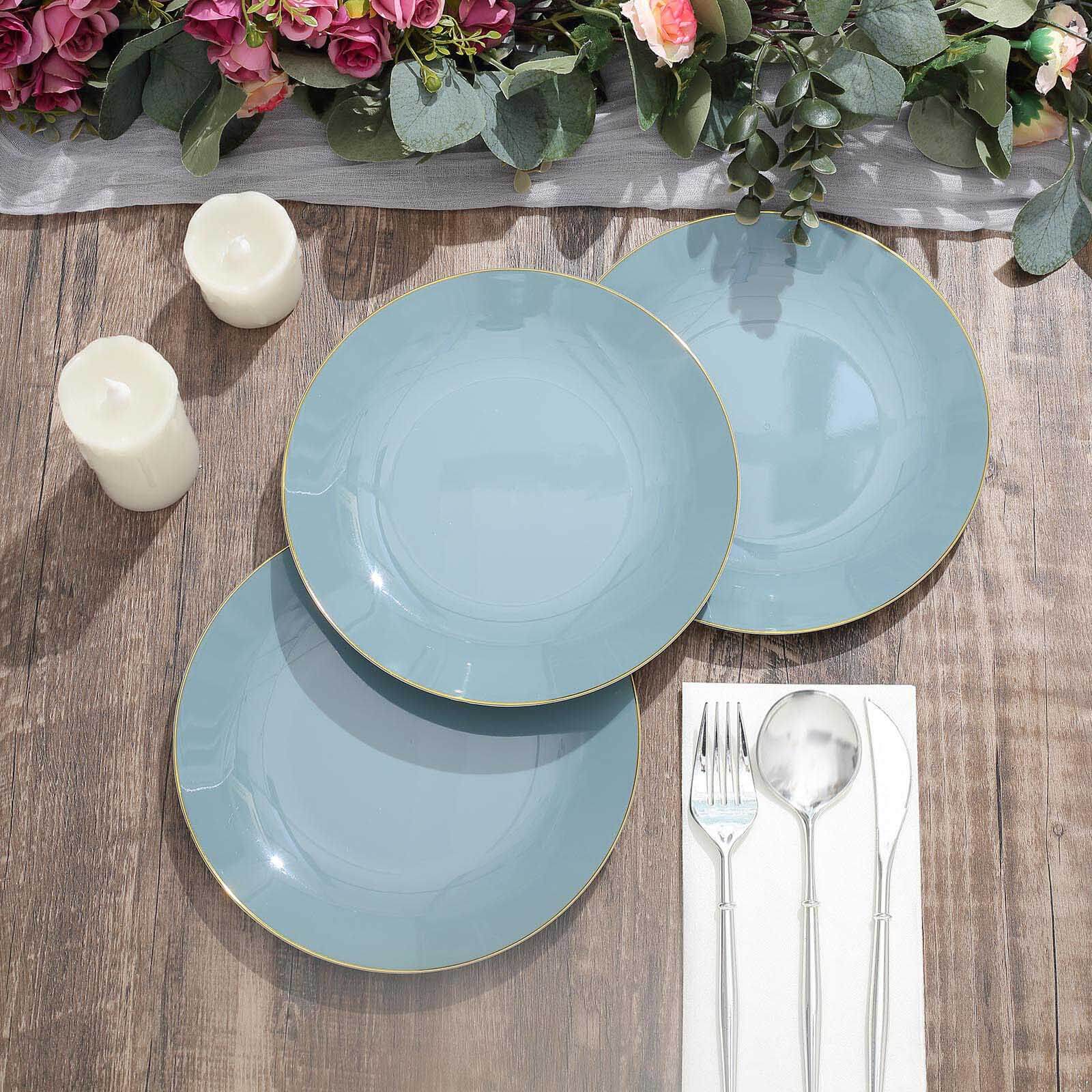 10-Pack Plastic 8" Round Dessert Plates in Dusty Blue with Gold Rim - Glossy Disposable Appetizer Salad Plates