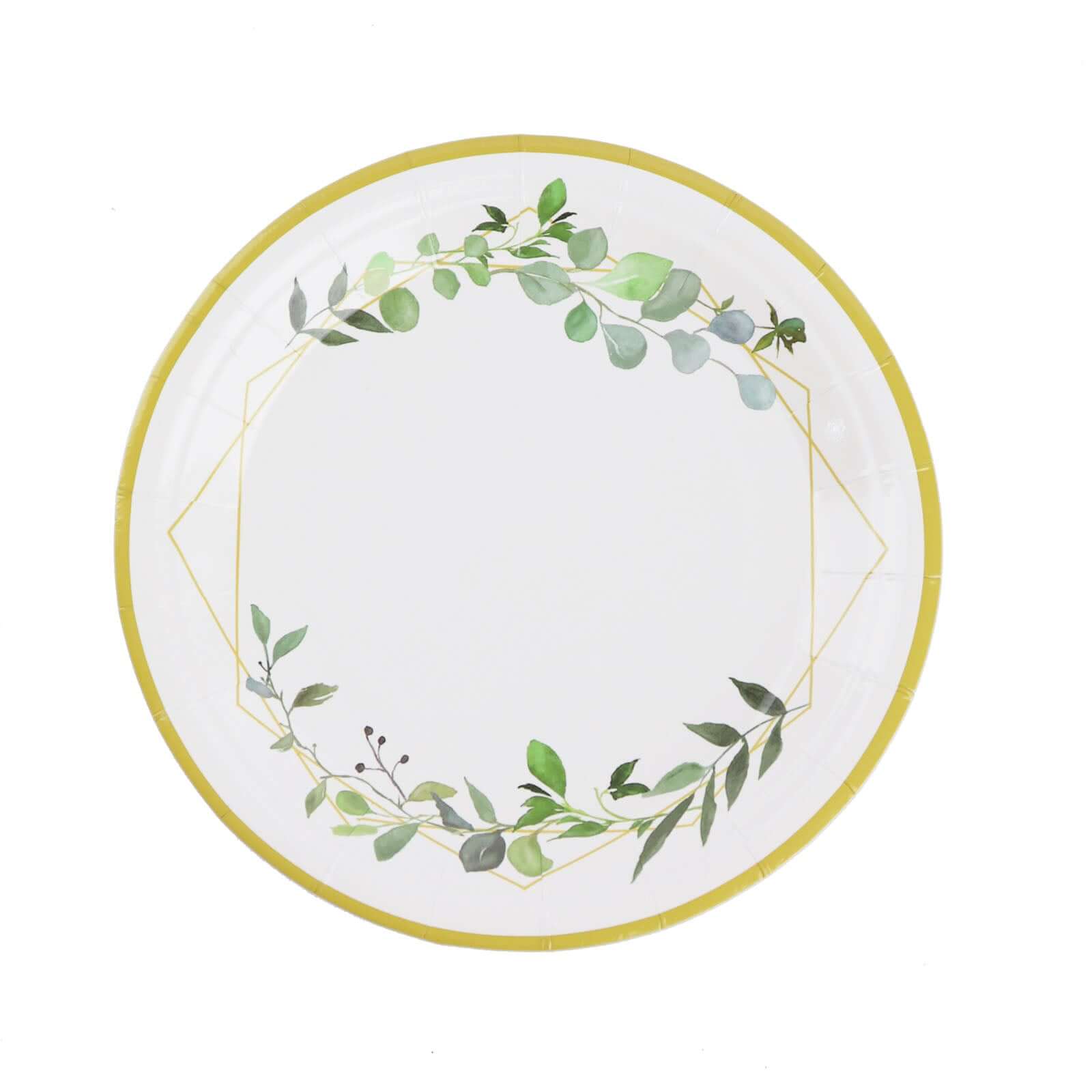 24-Pack Paper 7" Round Dessert Plates in White with Eucalyptus Leaves & Gold Rim - Disposable 300GSM Salad Plates for Garden Weddings & Celebrations