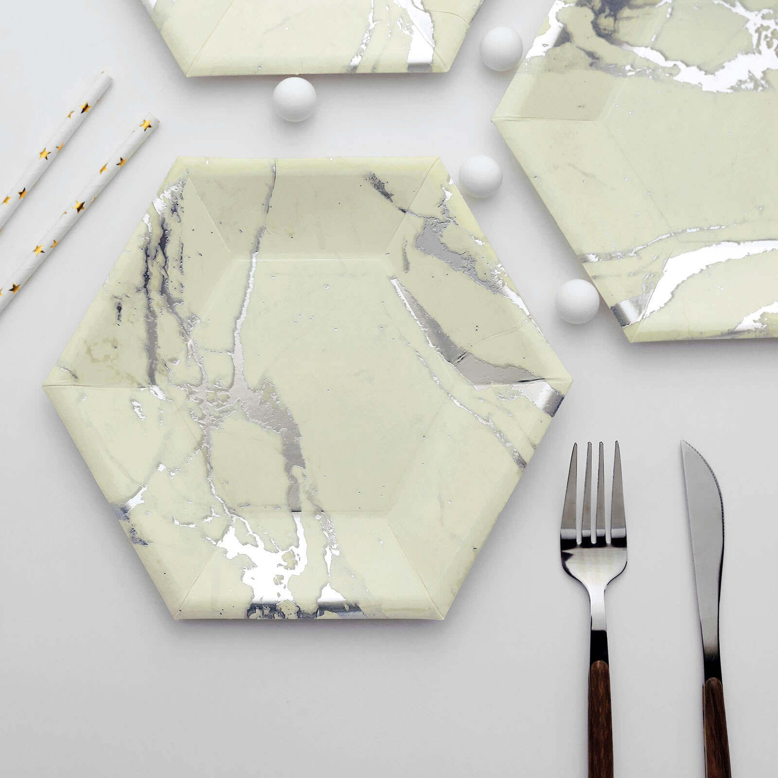 25-Pack Paper 8.5" Hexagon Dessert Plates in Ivory with Silver Marble Design - Disposable Geometric 400GSM Appetizer Salad Plates for Events & Banquets