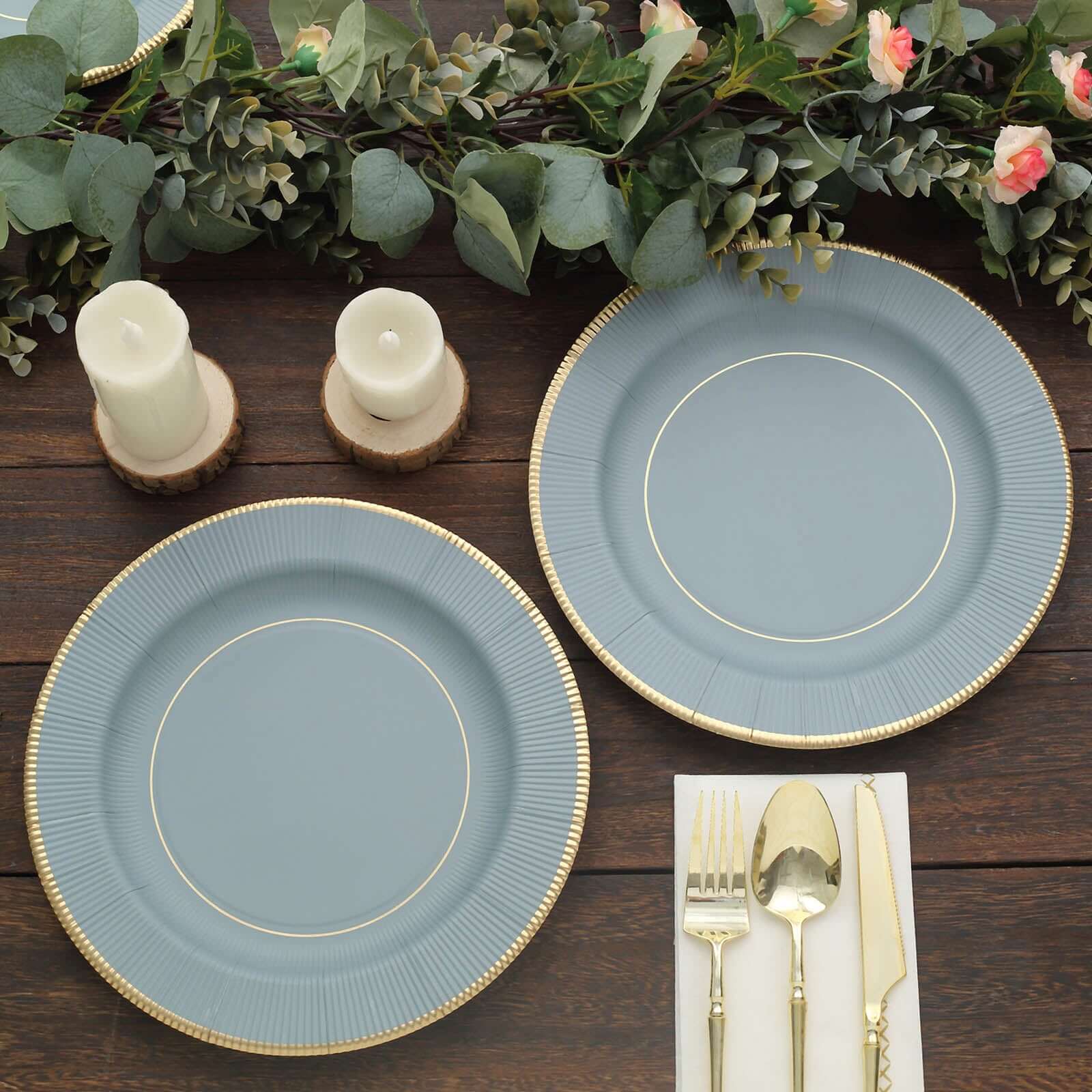 25-Pack Paper 10" Round Dinner Plates in Dusty Blue Sunray Design with Gold Rim - Disposable Heavy Duty 350GSM Party Plates