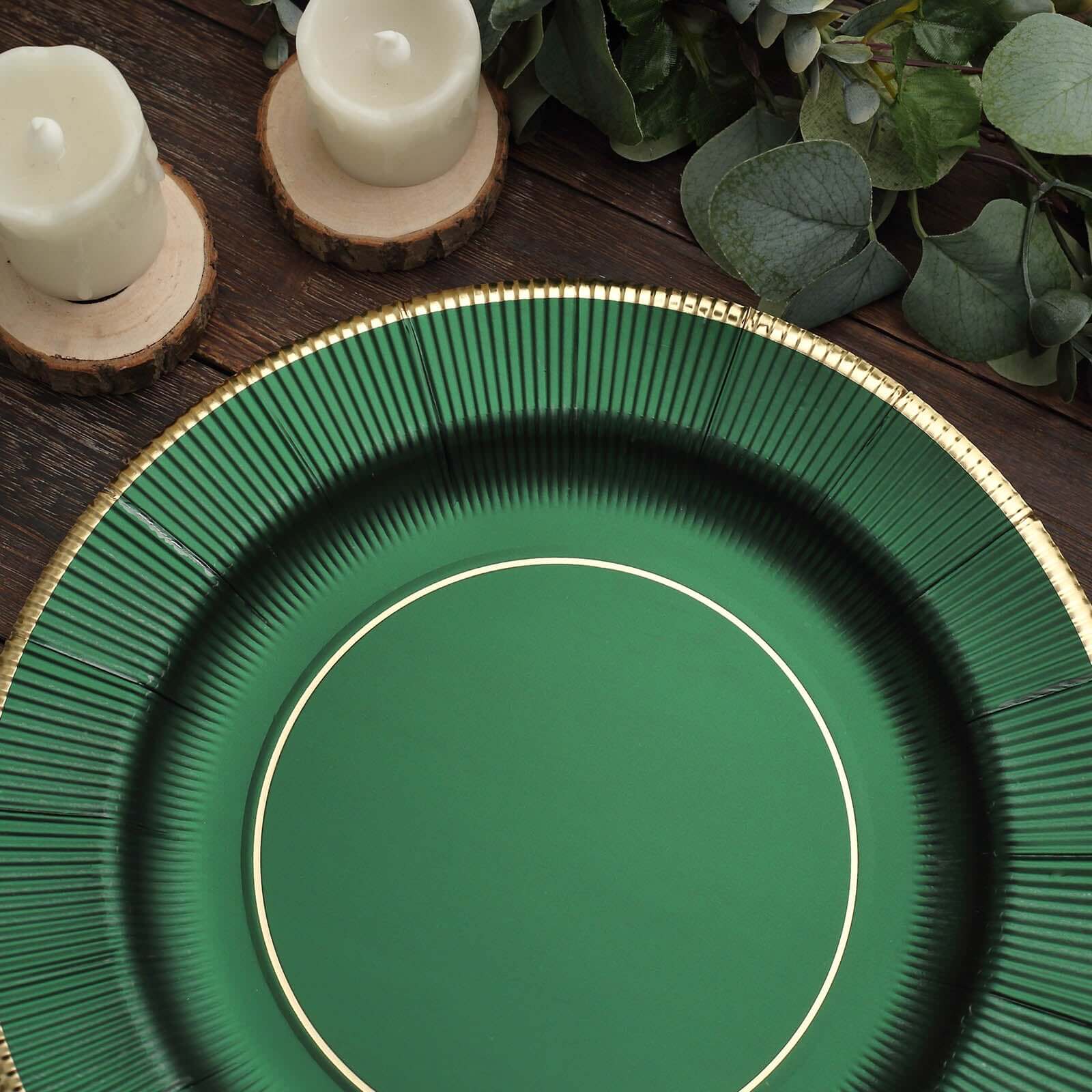 25-Pack Disposable Round Charger Plates in Hunter Emerald Green Sunray Design with Gold Rim - 350GSM Heavy Duty Paper Chargers 13"