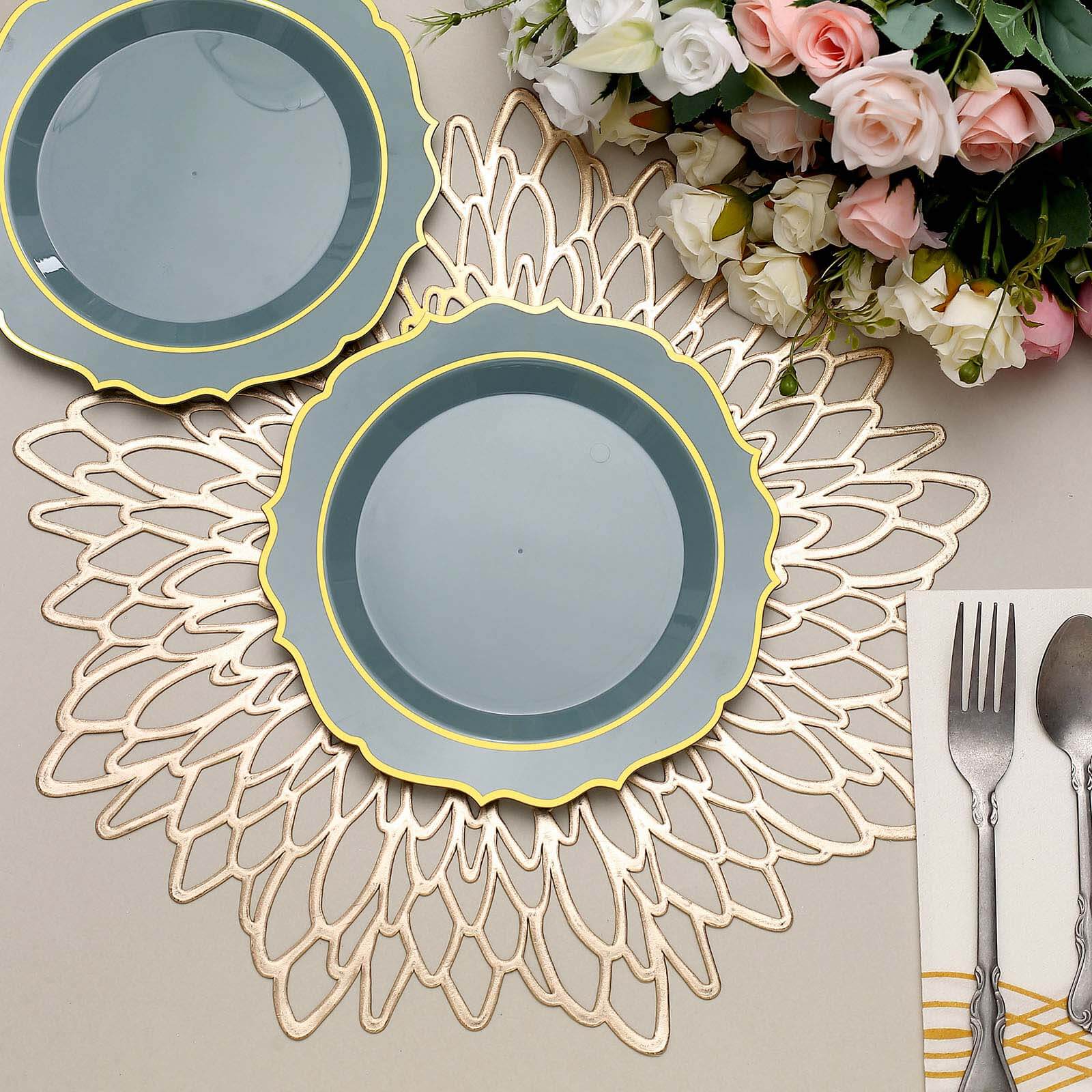 10-Pack Plastic 8" Round Desert Plates in Dusty Blue with Gold Scalloped Rim - Disposable Appetizer/Salad Plates