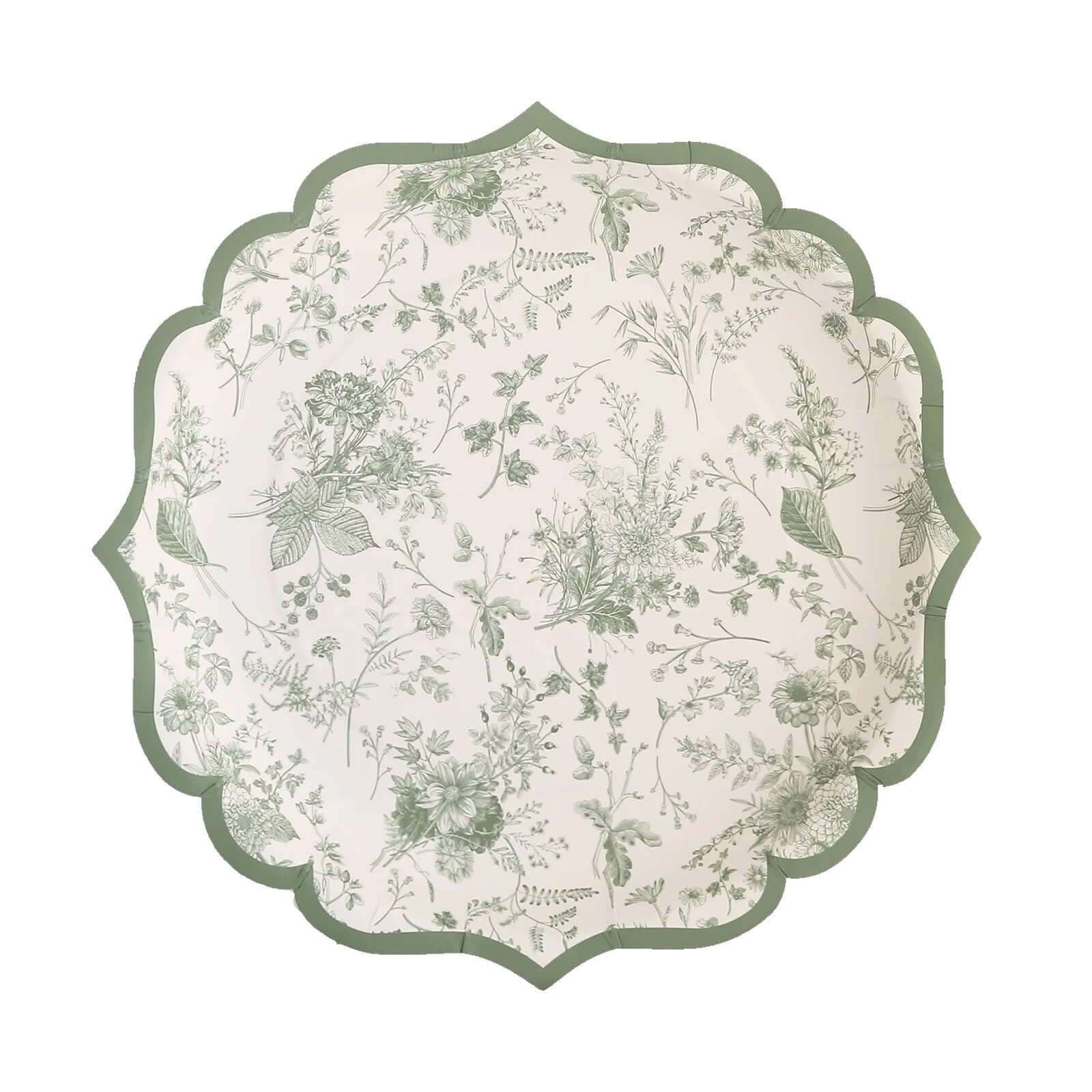25-Pack Paper 8" Round Dessert Plates in White with Sage Green French Toile Design & Scalloped Rim - Disposable 300GSM Salad Appetizer Plates for Stylish Table Decor