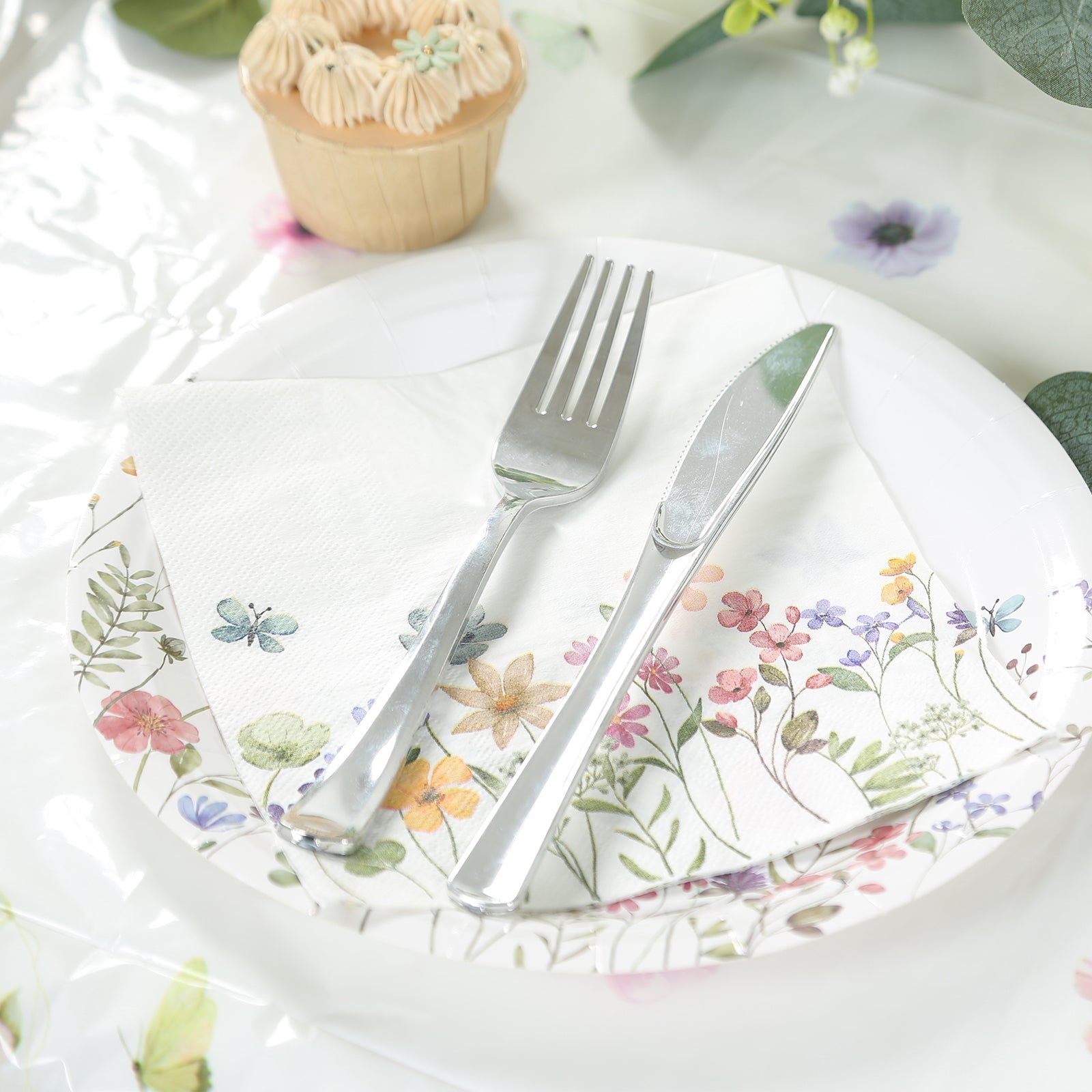 50-Pack Paper Cocktail Napkins with Wildflower Butterfly Design - Disposable 2 Ply Beverage Napkins for Parties 6.5"x6.5"