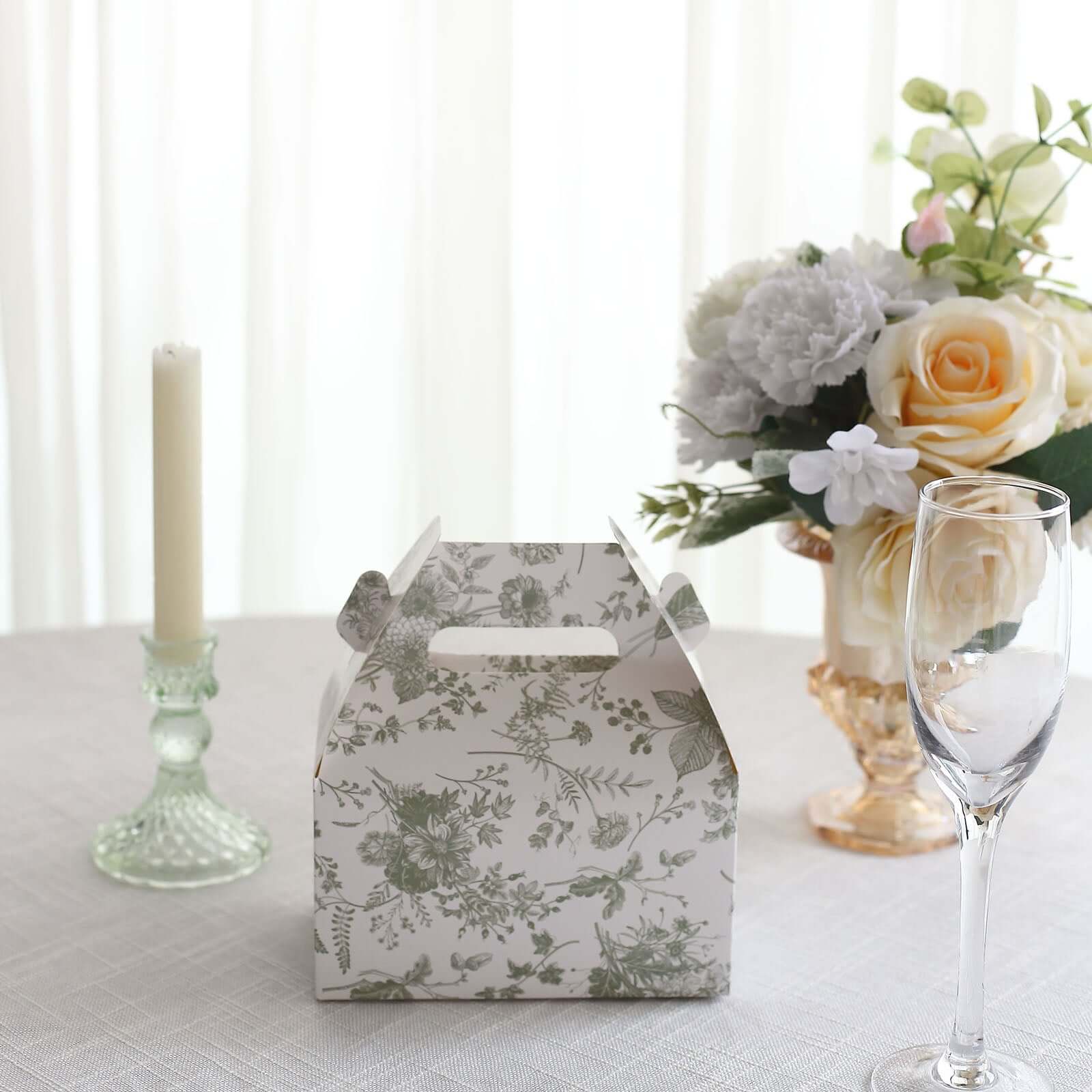 25 Pack White Sage Green Candy Gift Tote Gable Boxes in French Toile Pattern, Party Favor Treat Boxes - 6"x3.5"x7"
