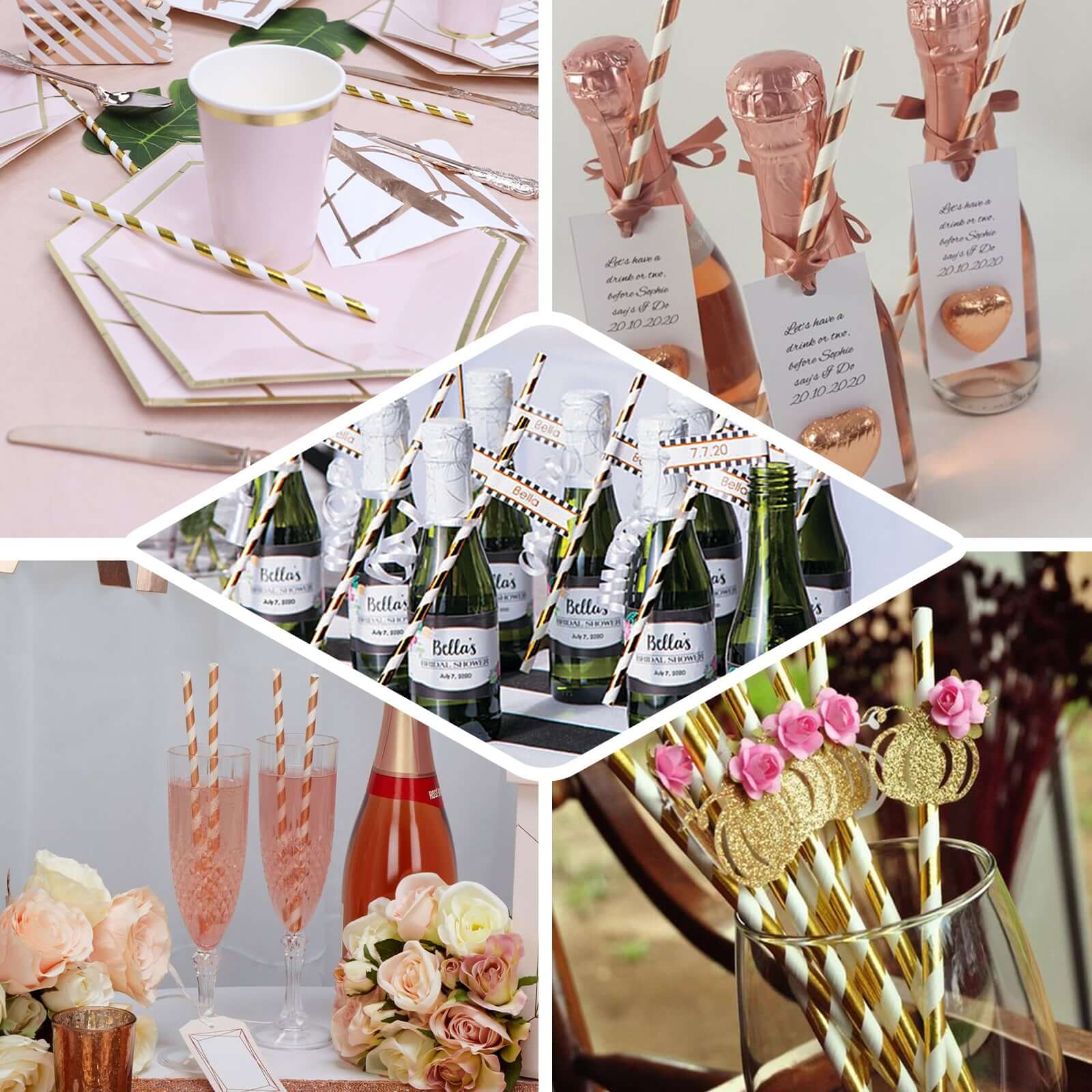 25-Pack Paper Straws White/Gold Striped - Stylish Disposable Straws for Drinks 8"