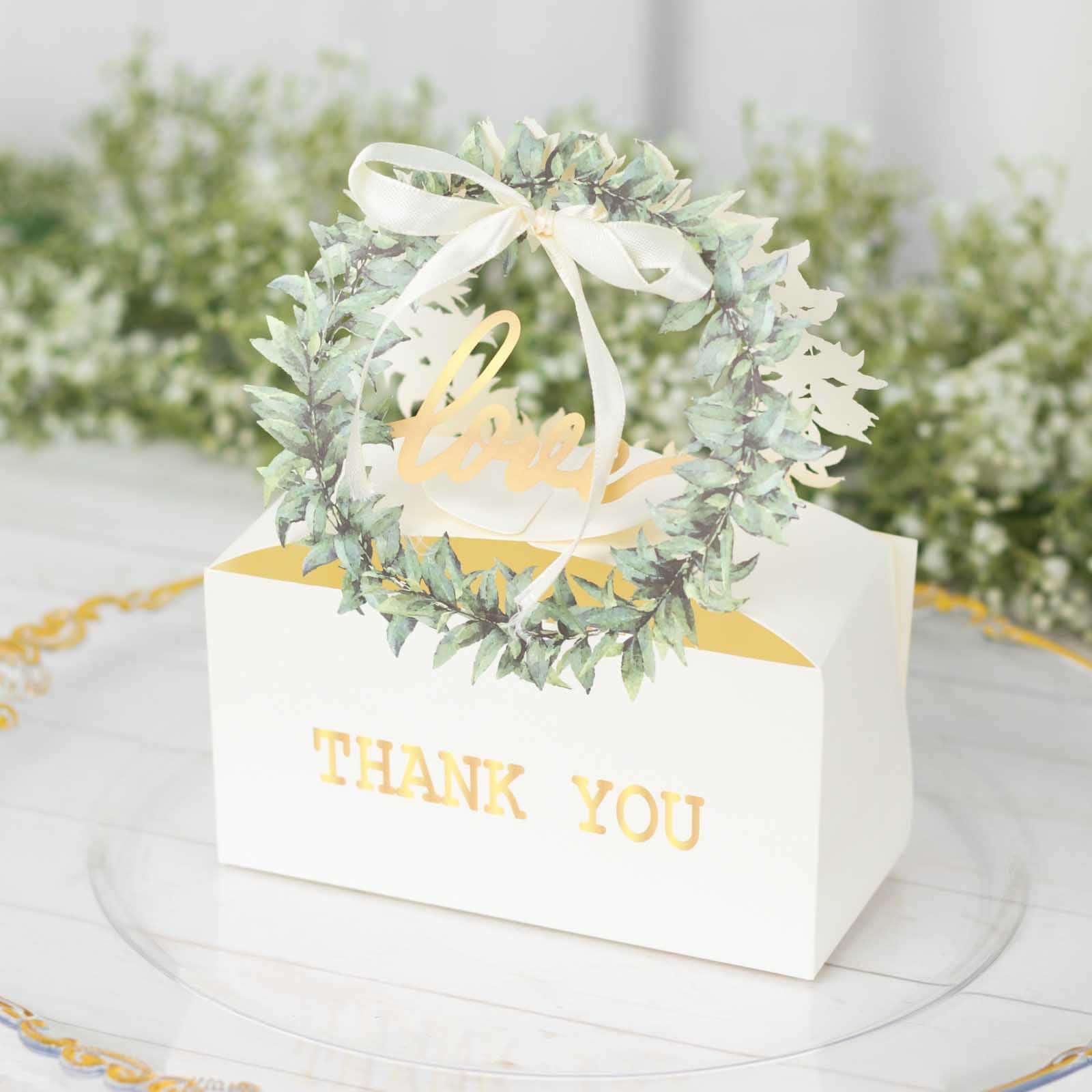 25 Pack White Thank You Candy Treat Boxes with Ribbon, Love Wreath Party Favor Gift Boxes - 6"x3"x7"