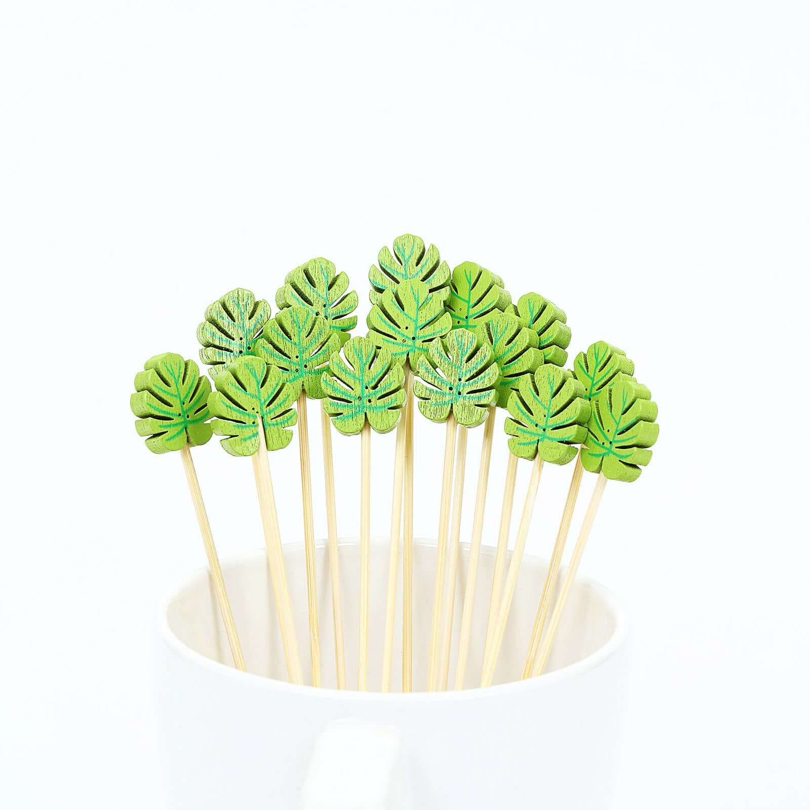 100-Pack Bamboo Cocktail Sticks Tropical Leaf Decorative Top Design - Eco Friendly Party Picks 5"