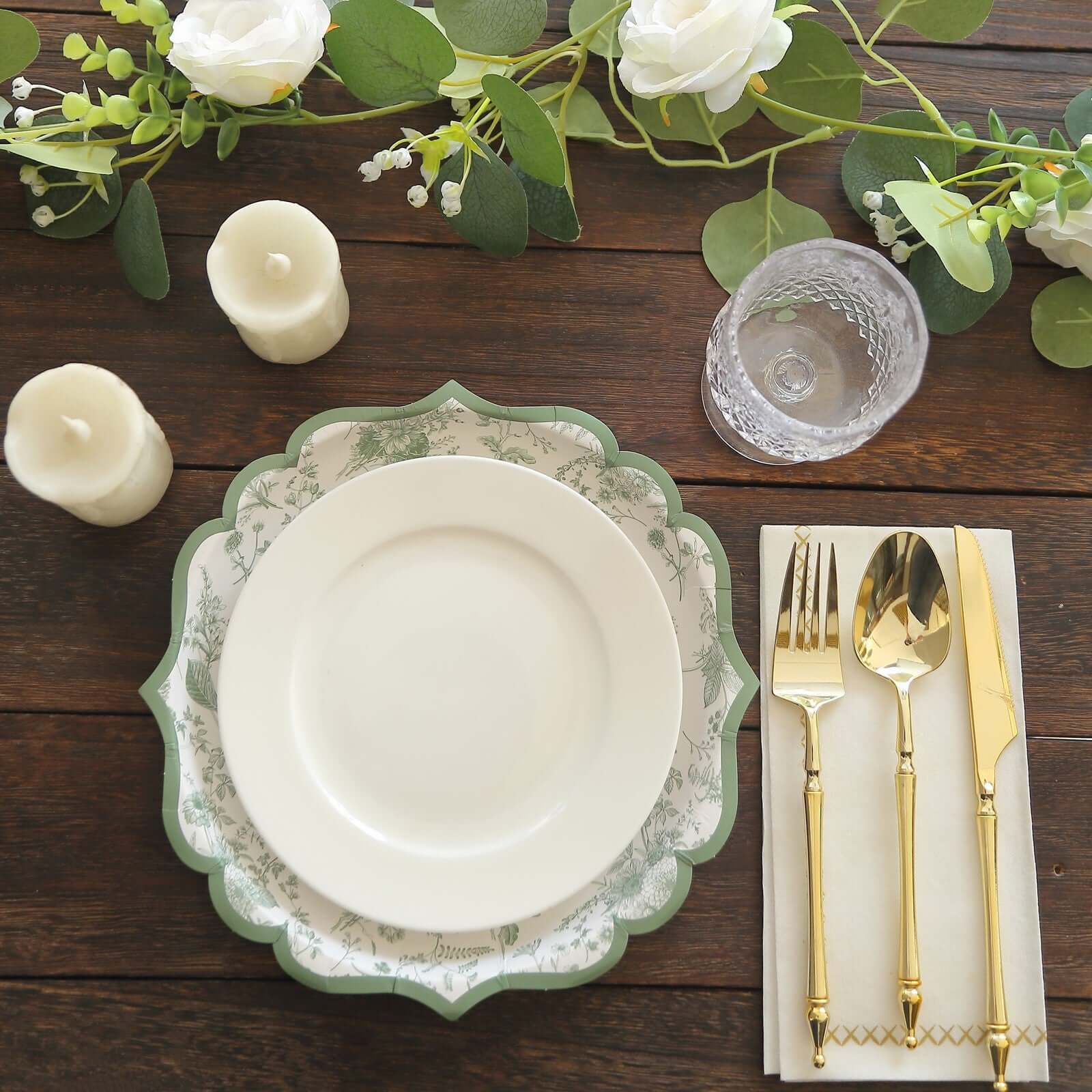25-Pack Paper 10" Round Dinner Plates in White with Sage Green French Toile Design & Scalloped Rim - Disposable 300GSM Party Plates for Classy Events & Special Occasions