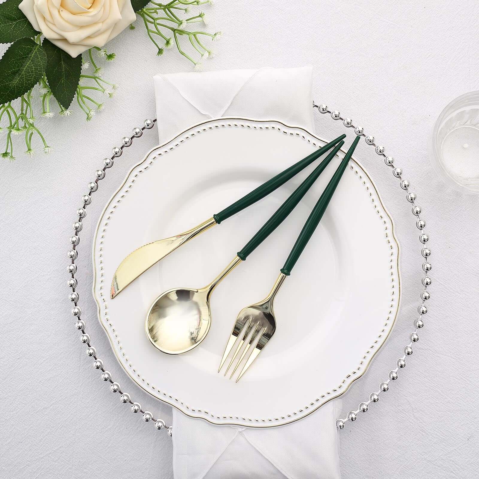 24-Pack Plastic Flatware Set in Metallic Gold with Hunter Emerald Green Handle - Heavy Duty Disposable Modern Silverware 8"