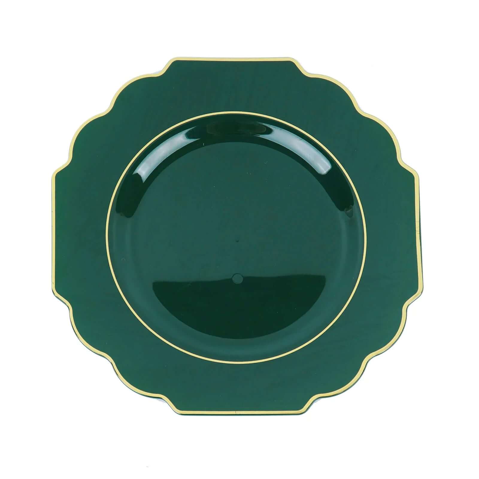 10 Pack 8" Hunter Emerald Green Hard Plastic Dessert Appetizer Plates, Disposable Tableware, Baroque Heavy Duty Salad Plates with Gold Rim