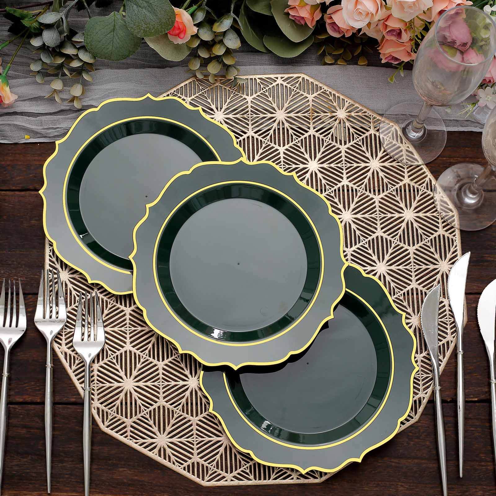 10-Pack Plastic 8" Round Desert Plates in Hunter Emerald Green with Gold Scalloped Rim - Disposable Appetizer/Salad Plates
