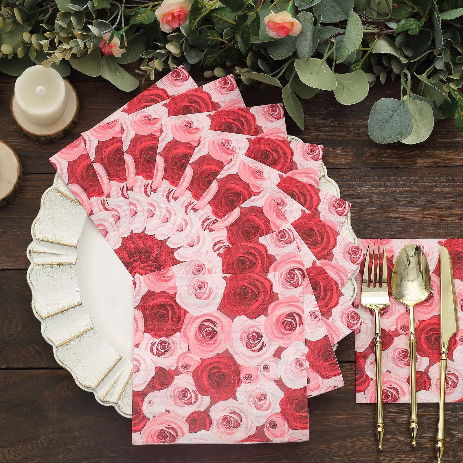 50-Pack Paper Beverage Napkins with Floral Design Red/Pink - 2 Ply Soft 18GSM Rose Garden Wedding Napkins 6.5"x6.5"