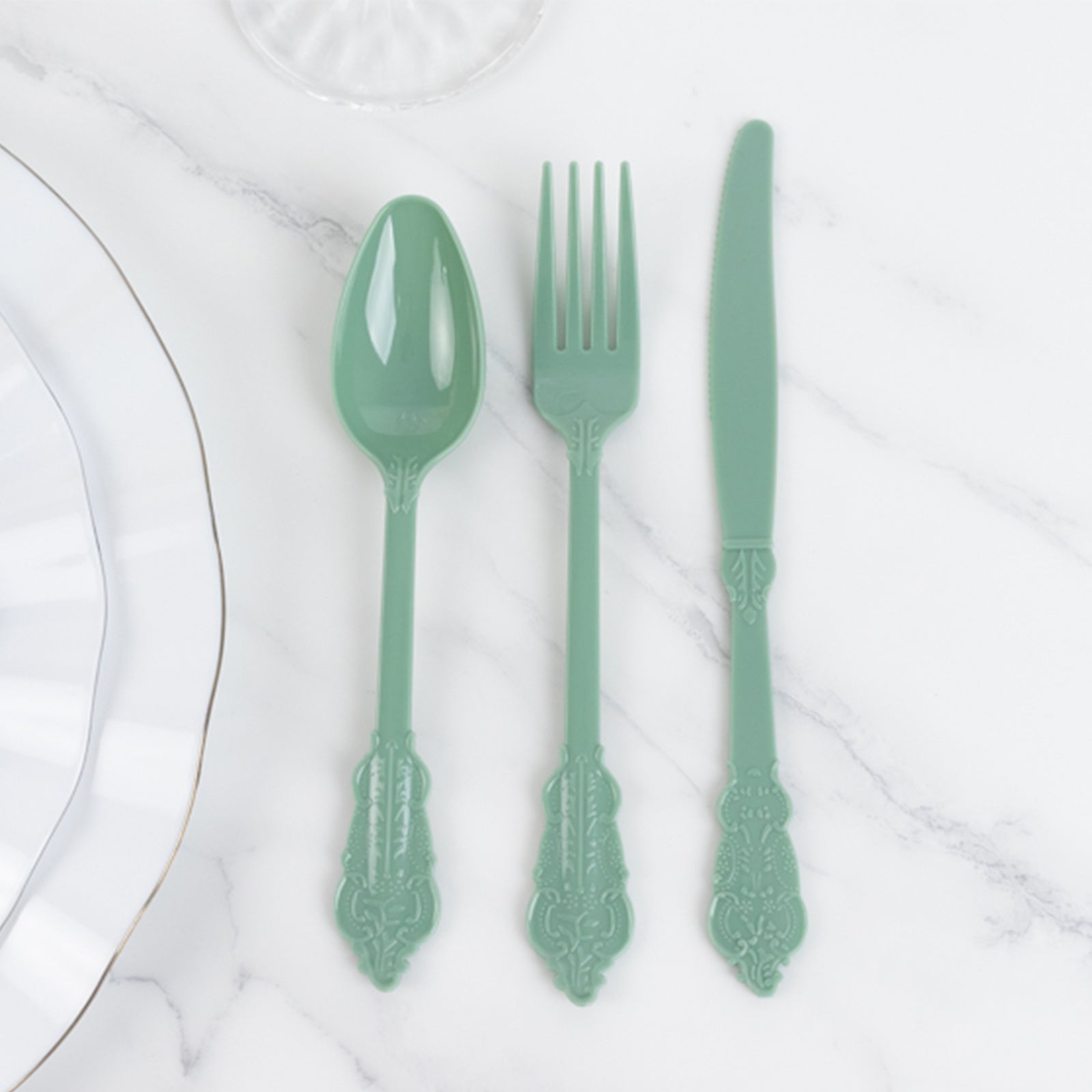 72 Pcs Plastic Silverware Set in Baroque Style Dusty Sage Green - Heavy Duty Disposable Knife, Fork, and Spoon Set
