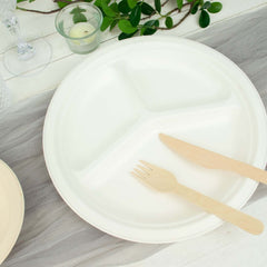 50-Pack Bagasse 10" Round Dinner Plates in White with 3-Compartments - Eco Friendly Biodegradable Sugarcane Divided Plates for Food Trucks Catering & Events