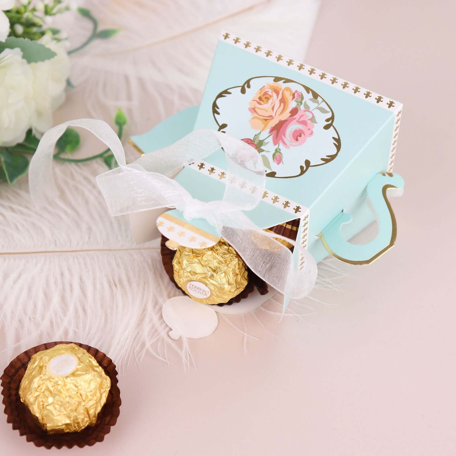 25 Pack 4" Light Turquoise Mini Teapot Favor Boxes, Vintage Rose Gift Boxes with Ribbons