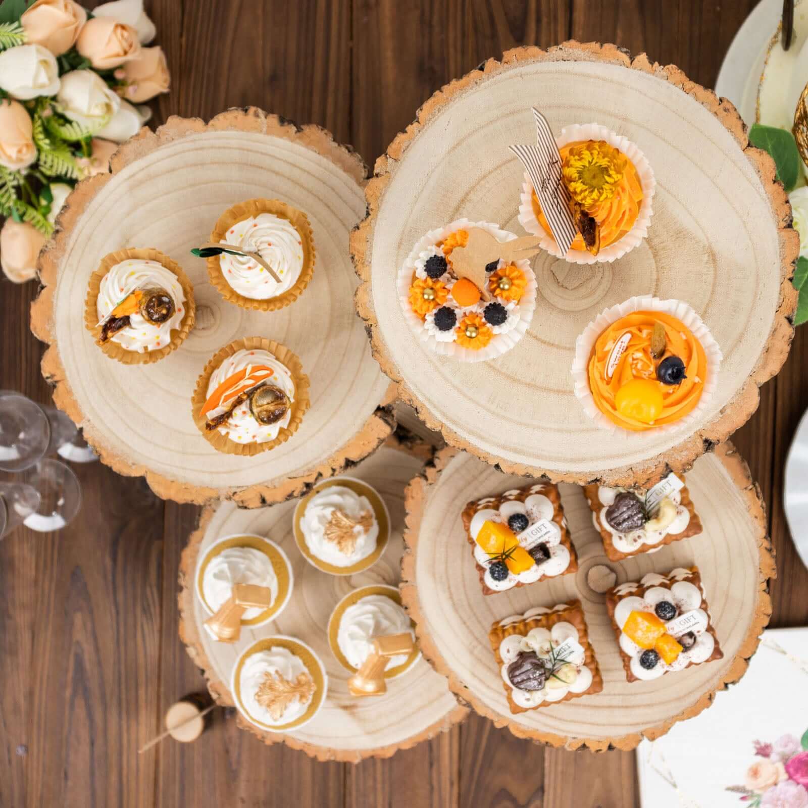 4-Tier Wooden Cupcake Stand Farmhouse Style Natural Wood Slice Design - Rustic Dessert Display Cake Holder 15" Tall
