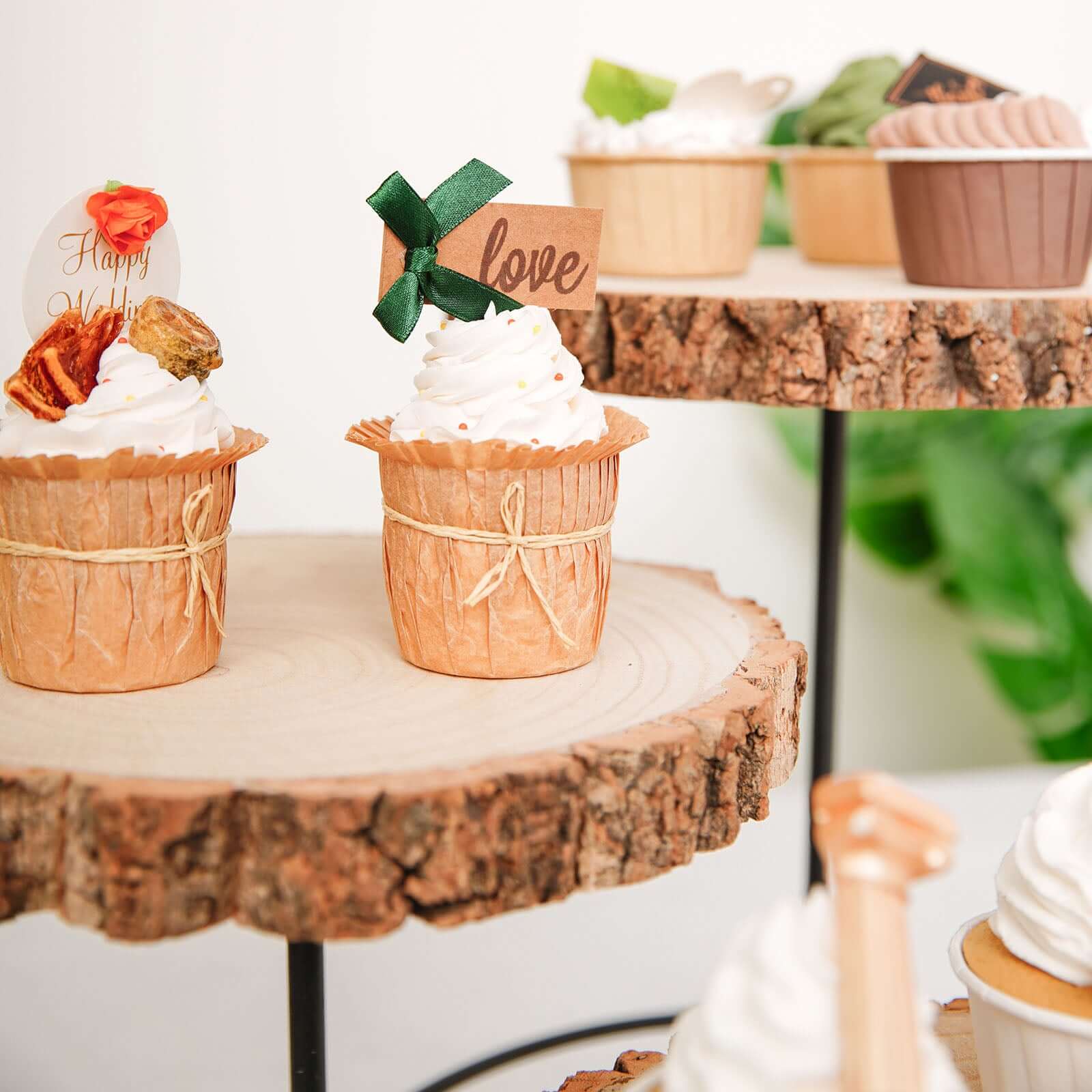 3-Tier Wooden Cheese Board Stand Half Moon Wood Slice Design - Rustic Cupcake Centerpiece 12" Tall