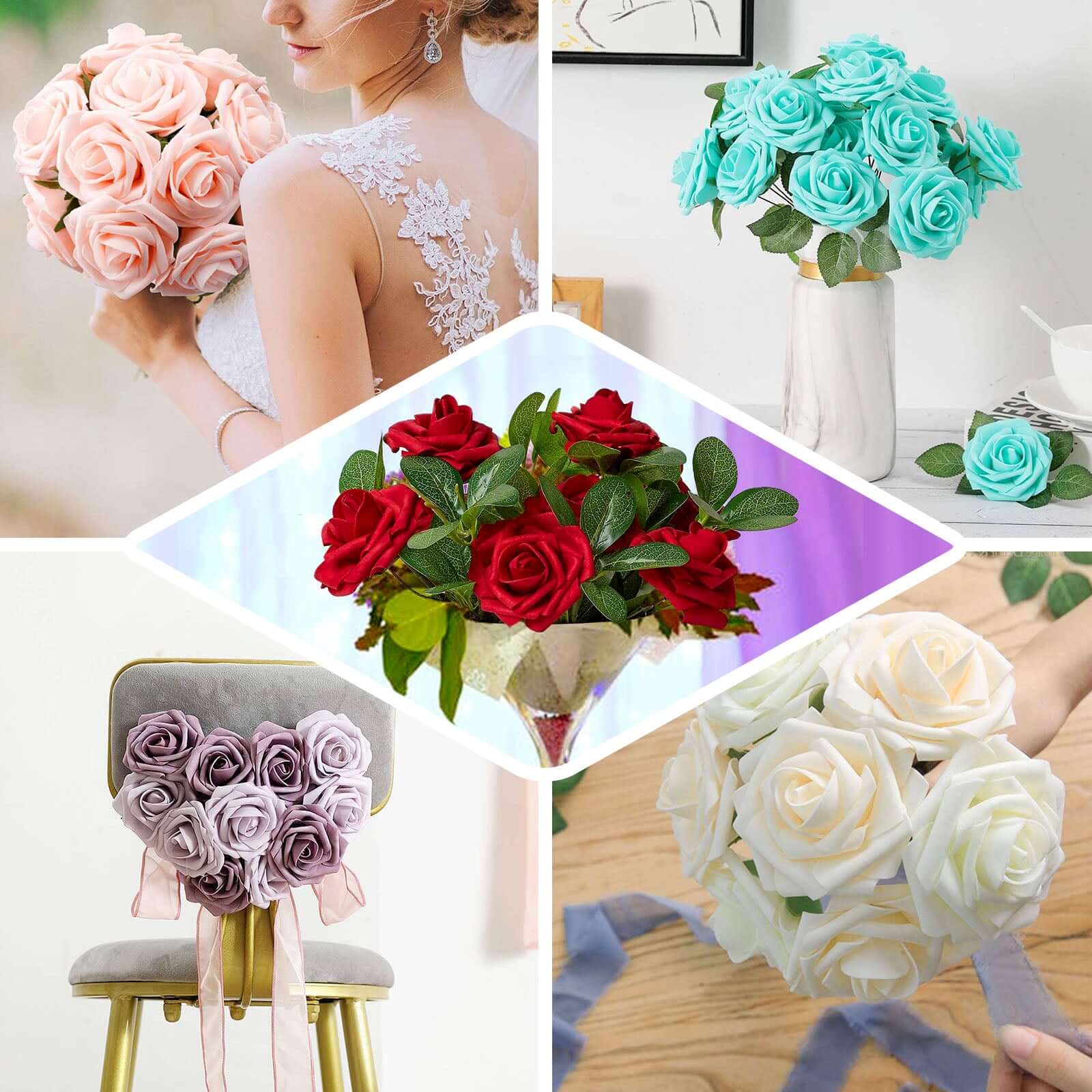 24 Roses 2" Eggplant Artificial Foam Flowers With Stem Wire and Leaves