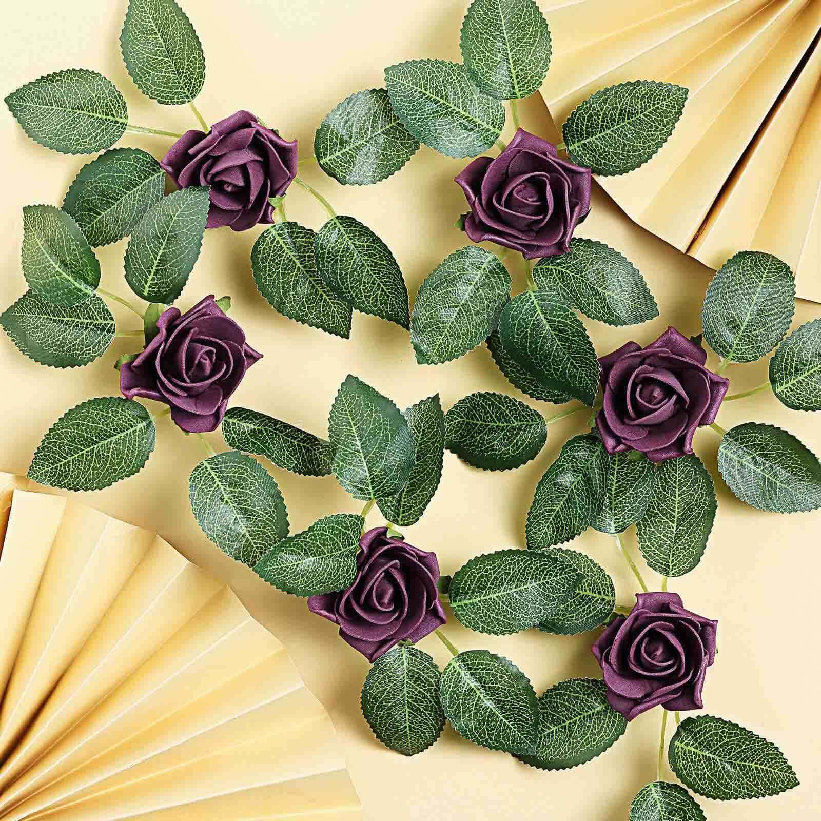 24 Roses 2" Eggplant Artificial Foam Flowers With Stem Wire and Leaves