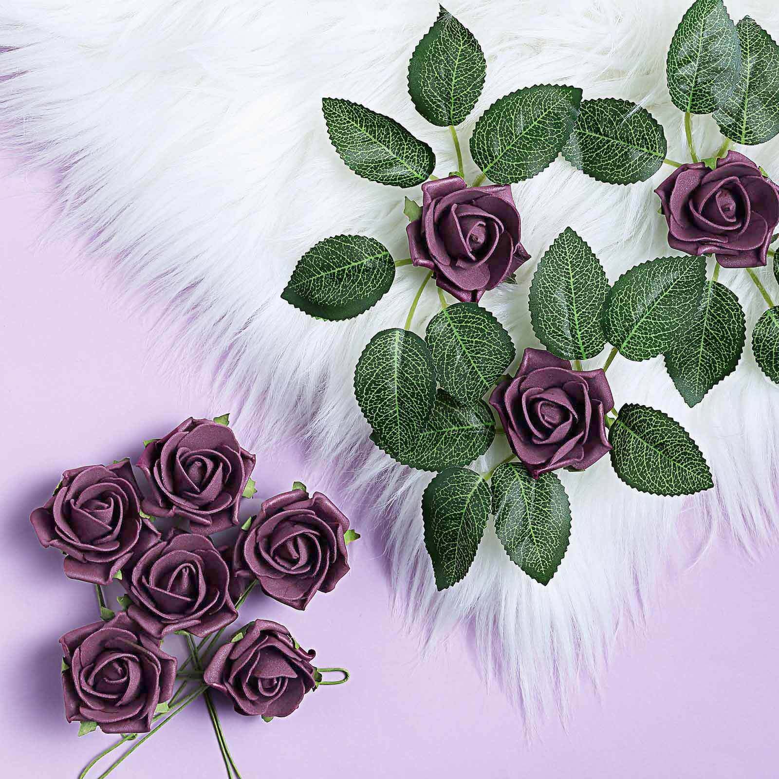 24 Roses 2" Eggplant Artificial Foam Flowers With Stem Wire and Leaves