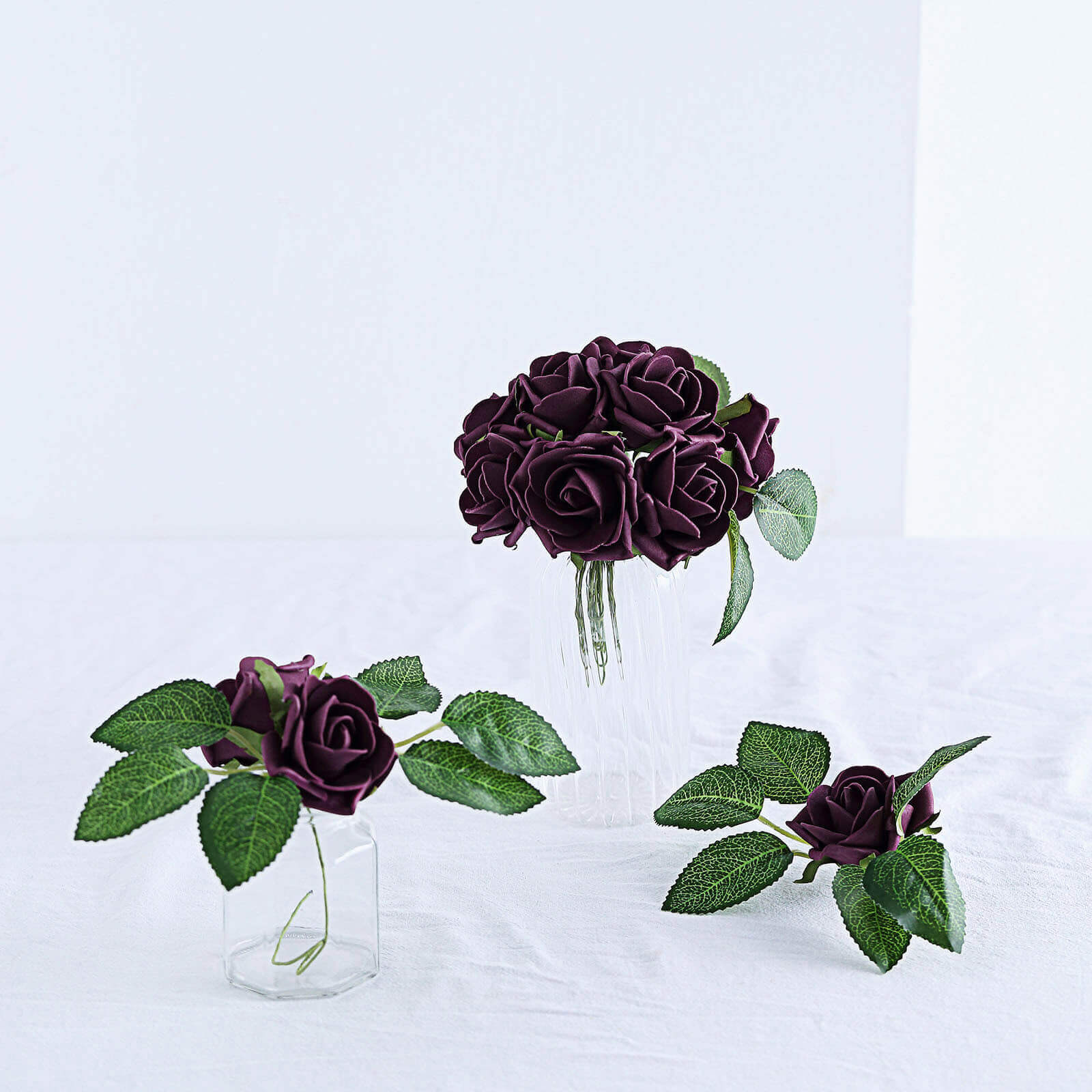 24 Roses 2" Eggplant Artificial Foam Flowers With Stem Wire and Leaves