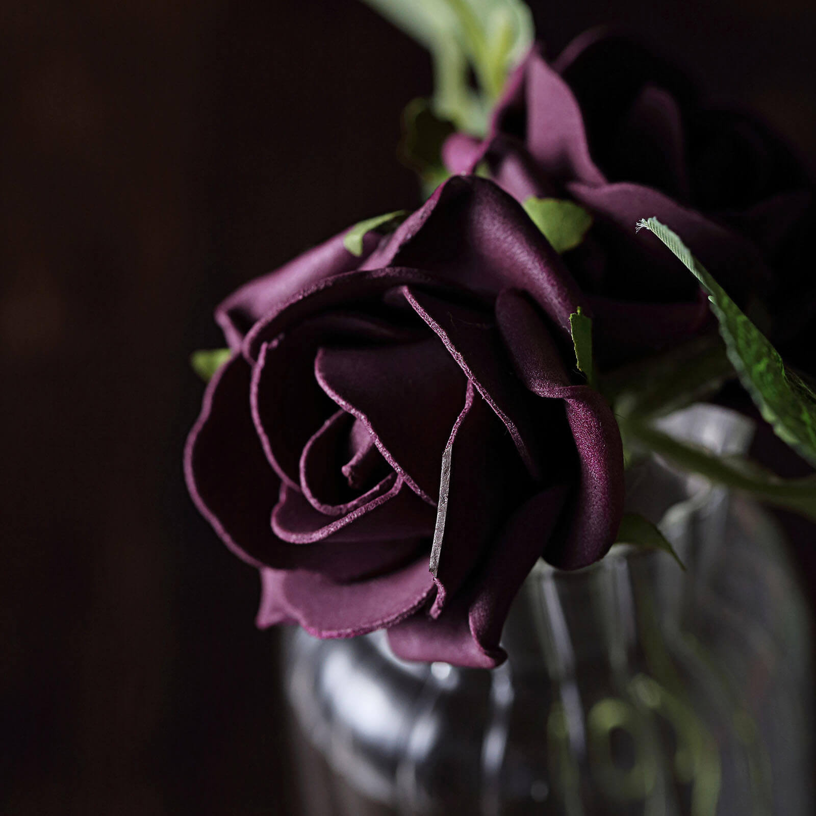 24 Roses 2" Eggplant Artificial Foam Flowers With Stem Wire and Leaves