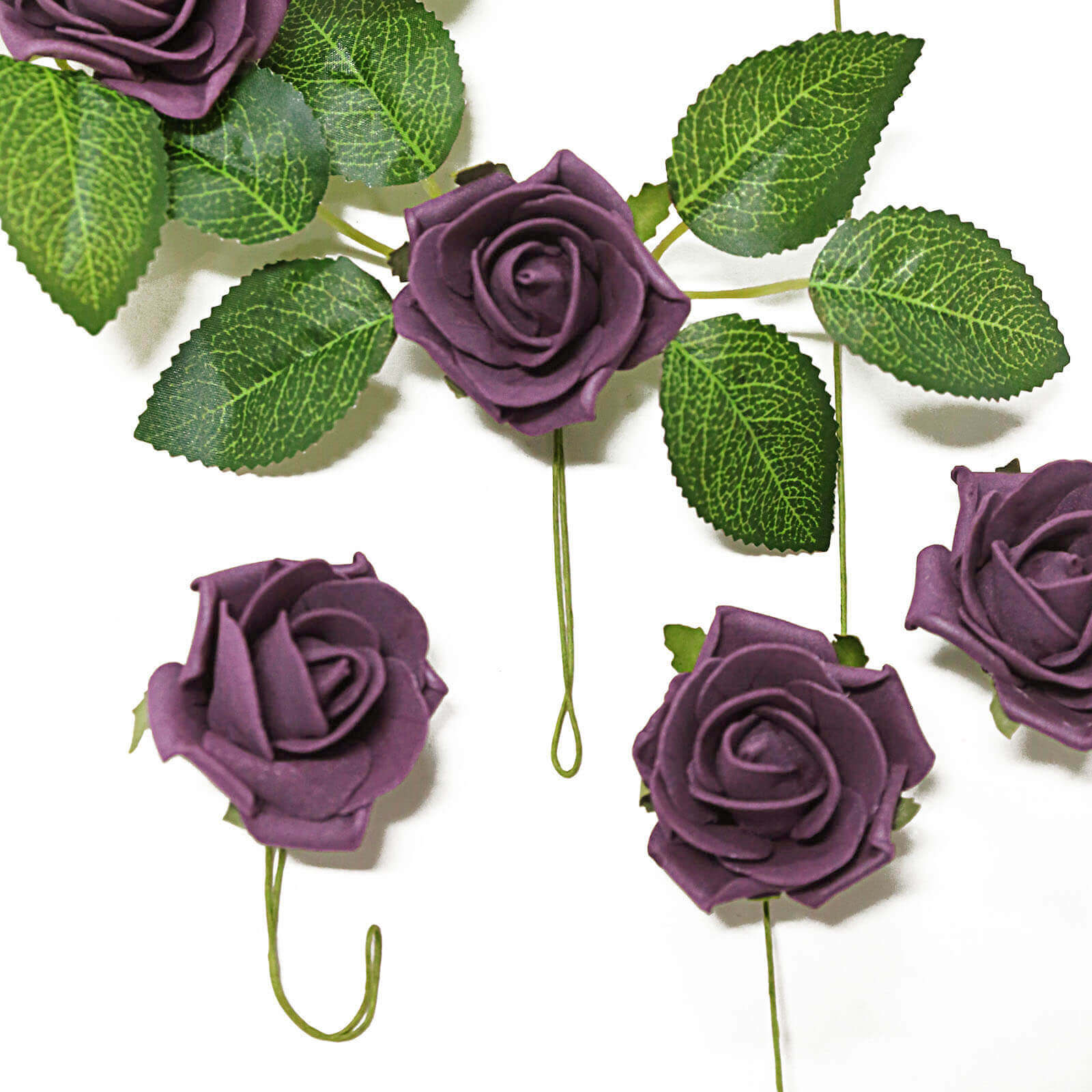 24 Roses 2" Eggplant Artificial Foam Flowers With Stem Wire and Leaves