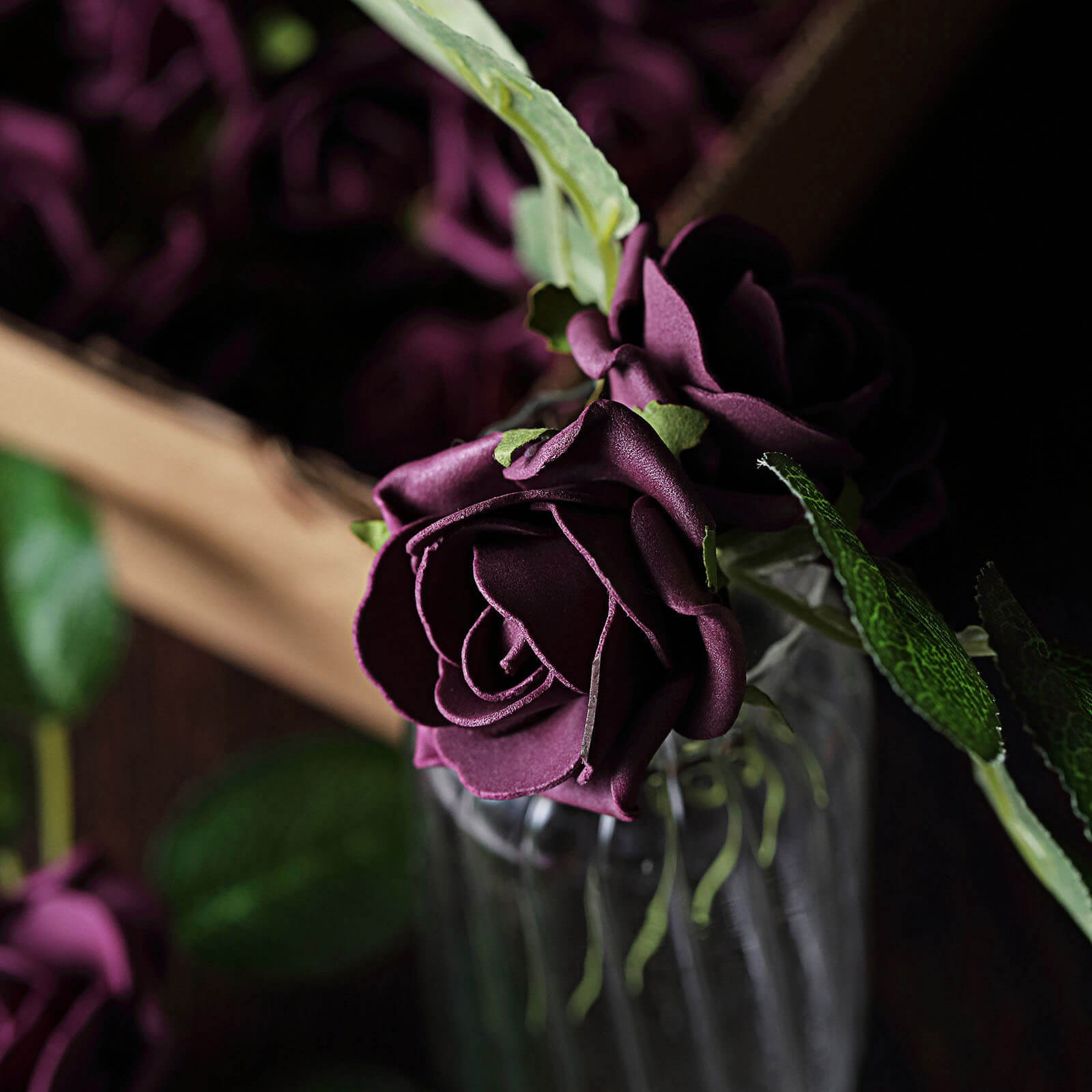 24 Roses 2" Eggplant Artificial Foam Flowers With Stem Wire and Leaves