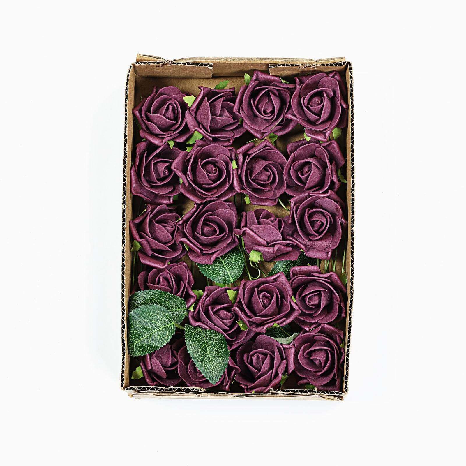 24 Roses 2" Eggplant Artificial Foam Flowers With Stem Wire and Leaves