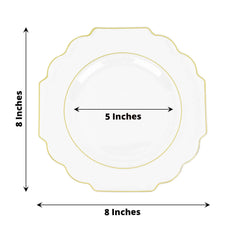 10-Pack Plastic Dessert Appetizer Plates in Clear Baroque Design with Scalloped Gold Rim - Heavy Duty Disposable Salad Plates 8"