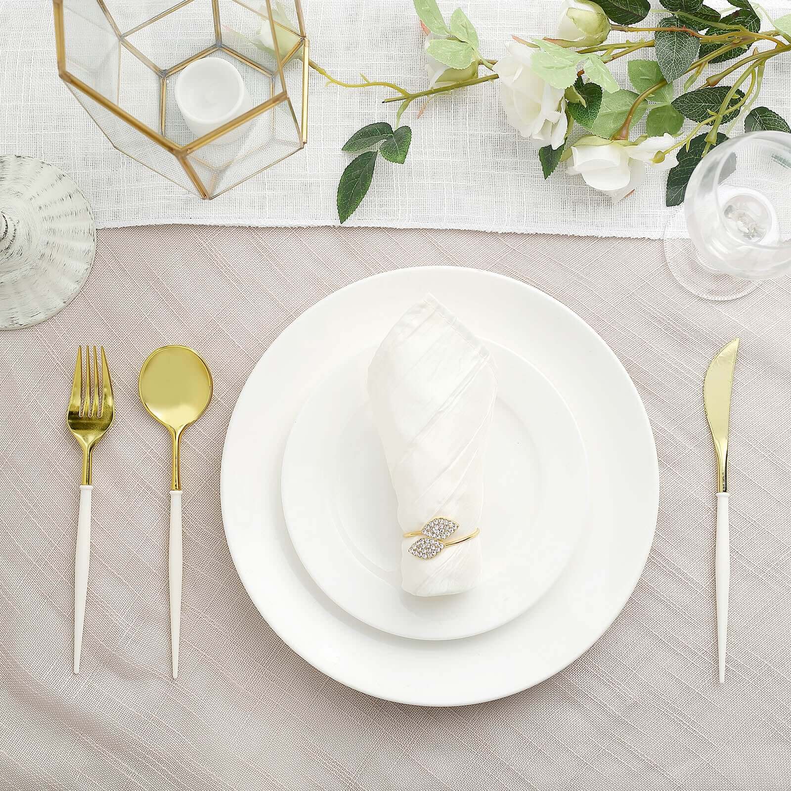 24-Pack Plastic Flatware Set in Metallic Gold with Ivory Handle - Heavy Duty Disposable Modern Silverware 8"