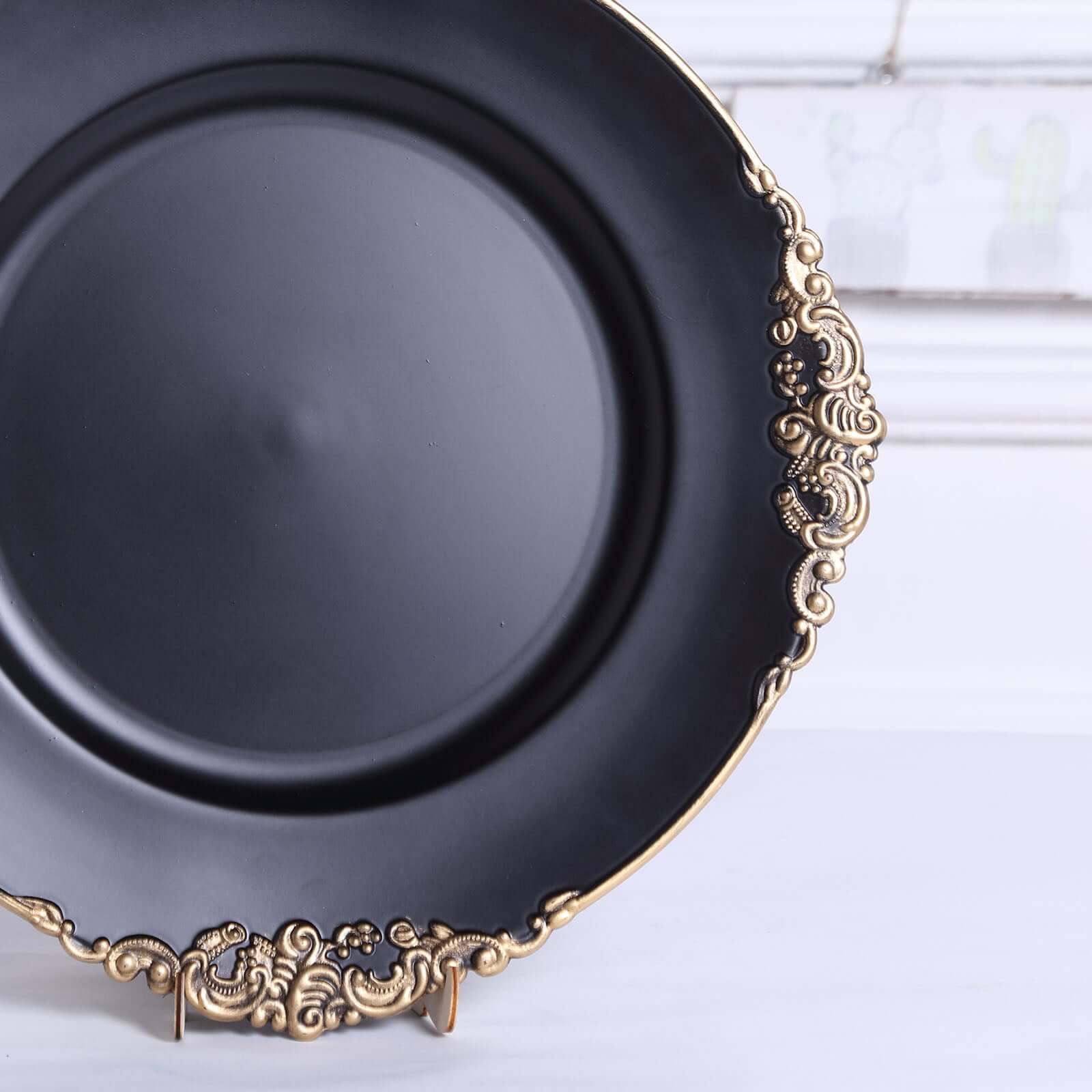 6-Pack Acrylic Round Charger Plates 13" in Matte Black with Gold Embossed Baroque Rim, Antique Decorative Dinner Party Charger Tableware