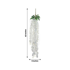 42" Silk Hanging Wisteria Flower Garland Vines in White, Elaborated 5 Full Strands in 1 Bush