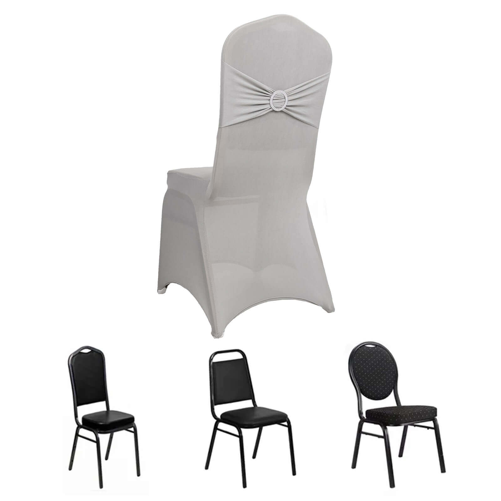 Spandex Chair Cover with Silver Rhinestone Buckled Sash Band Blush - Stretch Fitted Slipcover