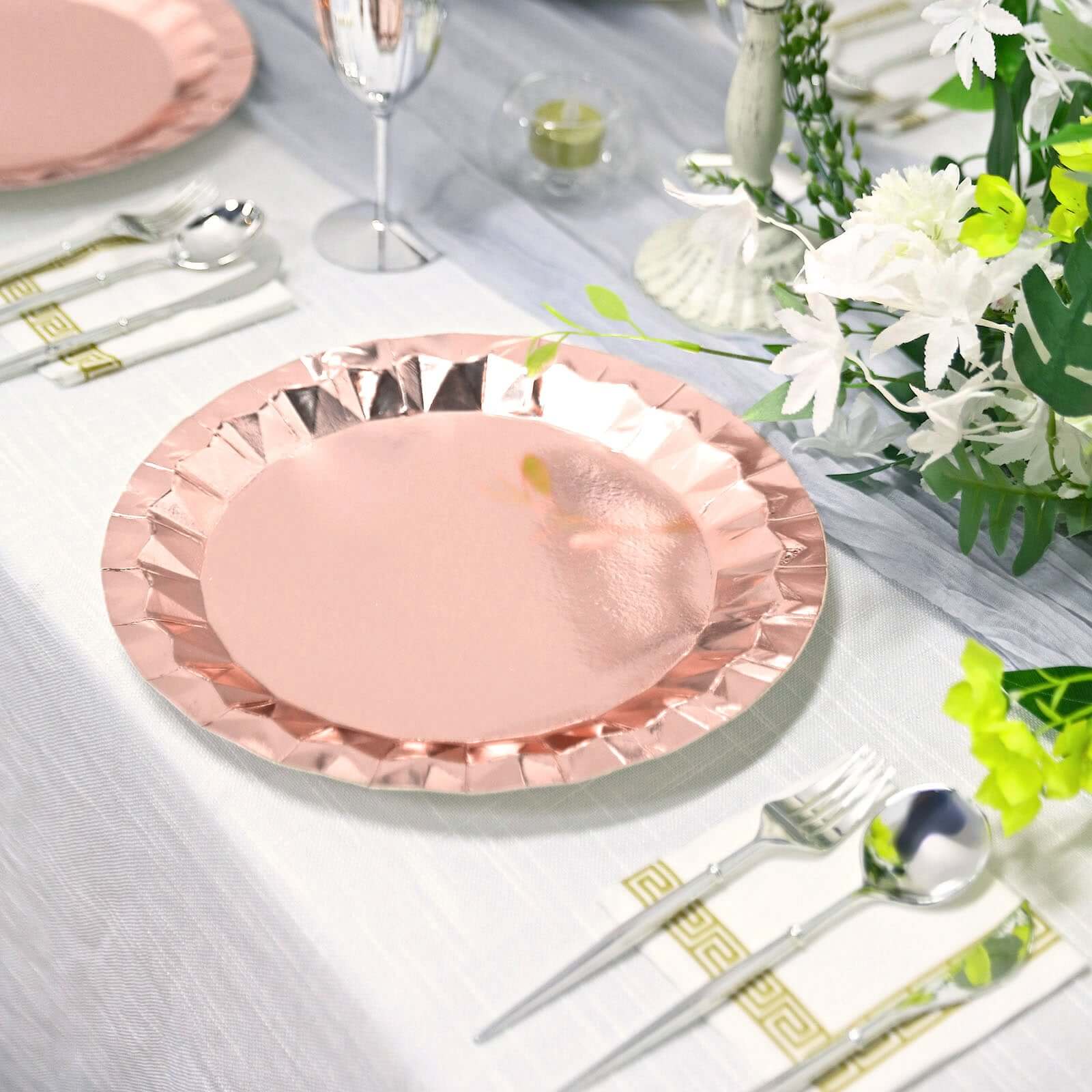25-Pack Paper 12" Round Charger Plates in Metallic Rose Gold with Geometric Prism Design - Disposable 400GSM Serving Trays